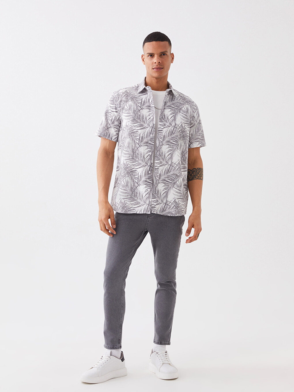 Regular Fit Short Sleeve Patterned Poplin Men's Shirt-2