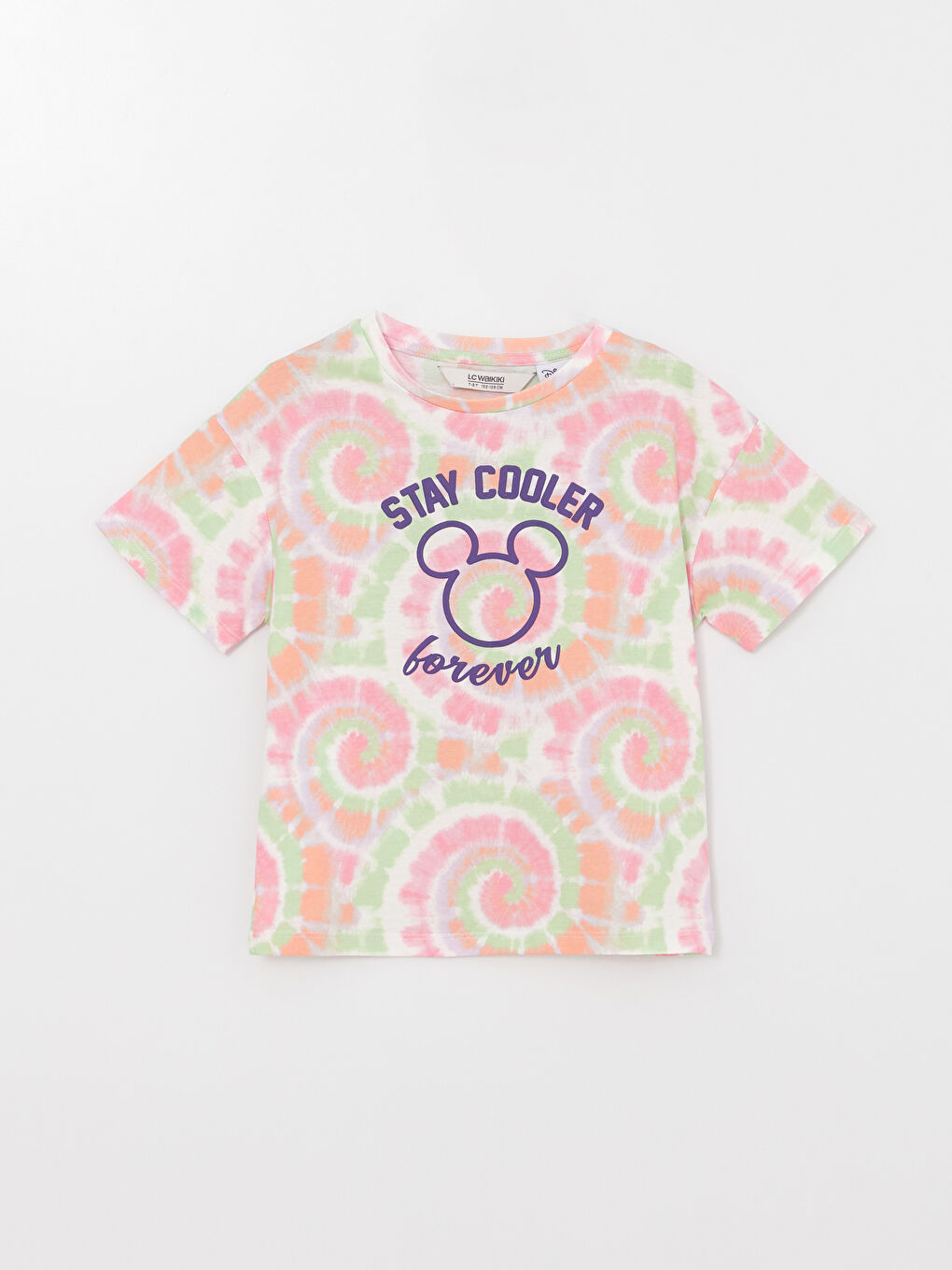 تيشيرت بناتي كم قصير مطبوع ميكي ماوس بياقة دائرية