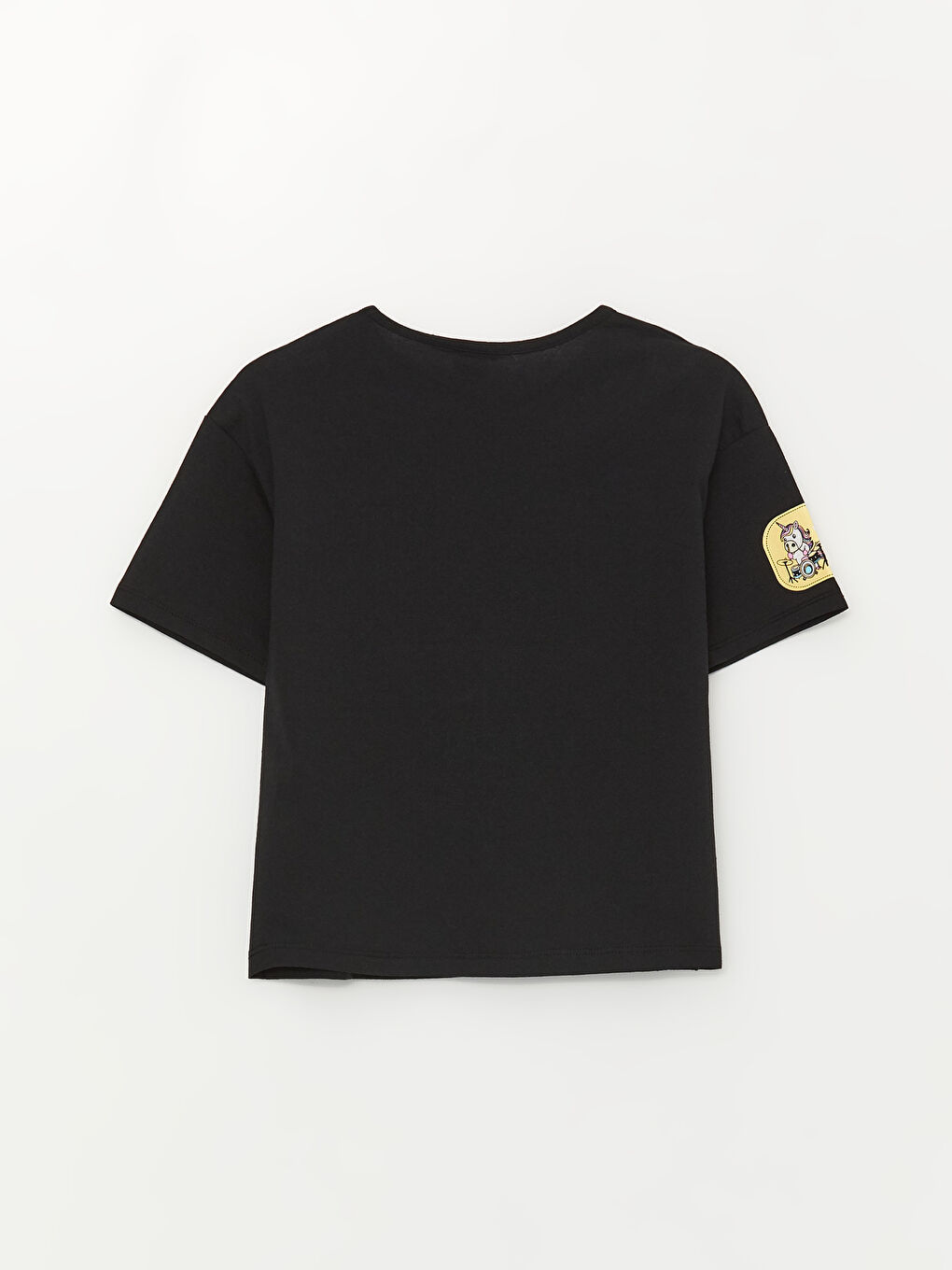 Siyah Bisiklet Yaka Baskılı Kısa Kollu Kız Çocuk Tişört-1