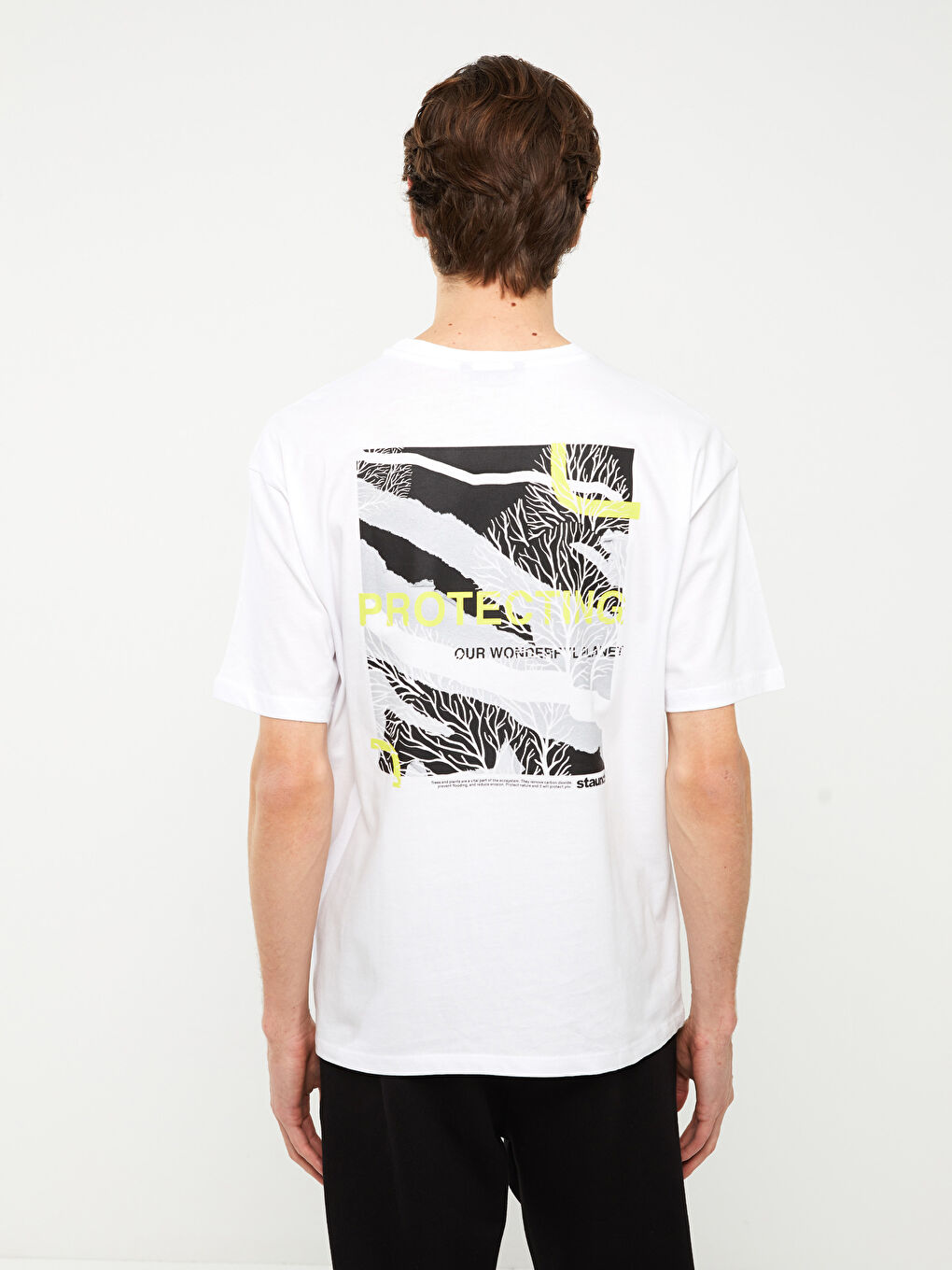 Beyaz Bisiklet Yaka Kısa Kollu Baskılı Penye Erkek Tişört-4