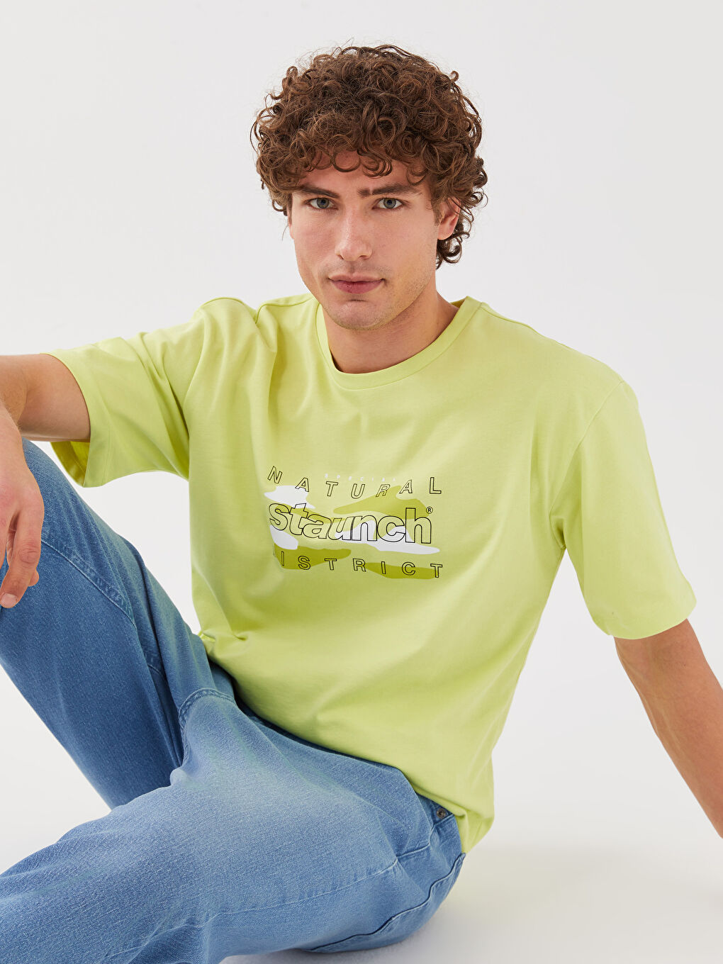 Yeşil Bisiklet Yaka Kısa Kollu Baskılı Erkek Tişört-1