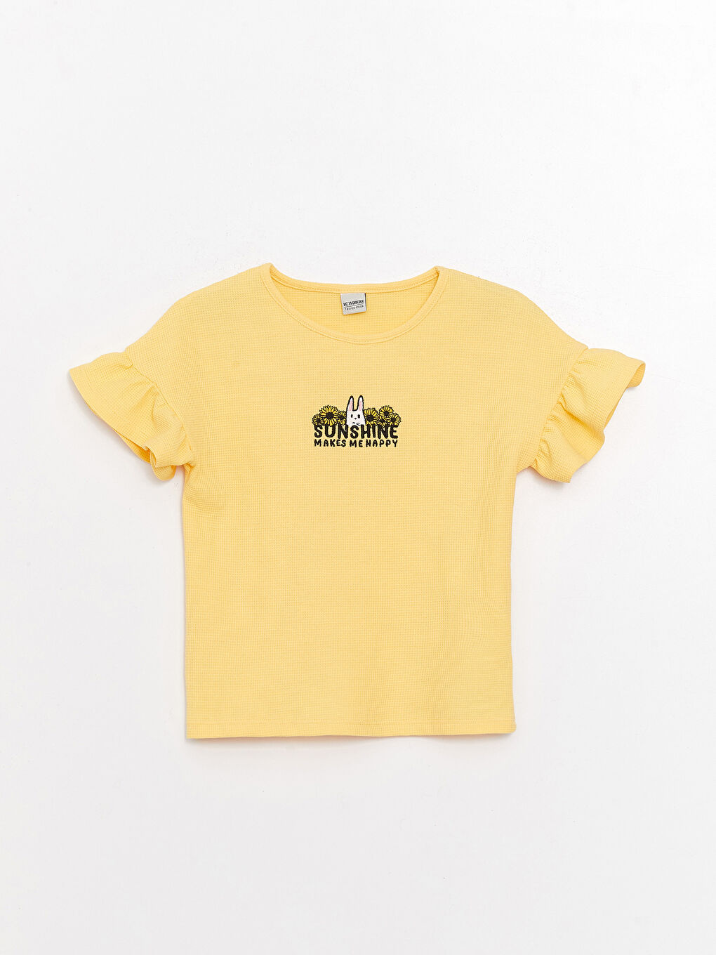 Sarı Bisiklet Yaka Nakışlı Kısa Kollu Kız Çocuk Tişört
