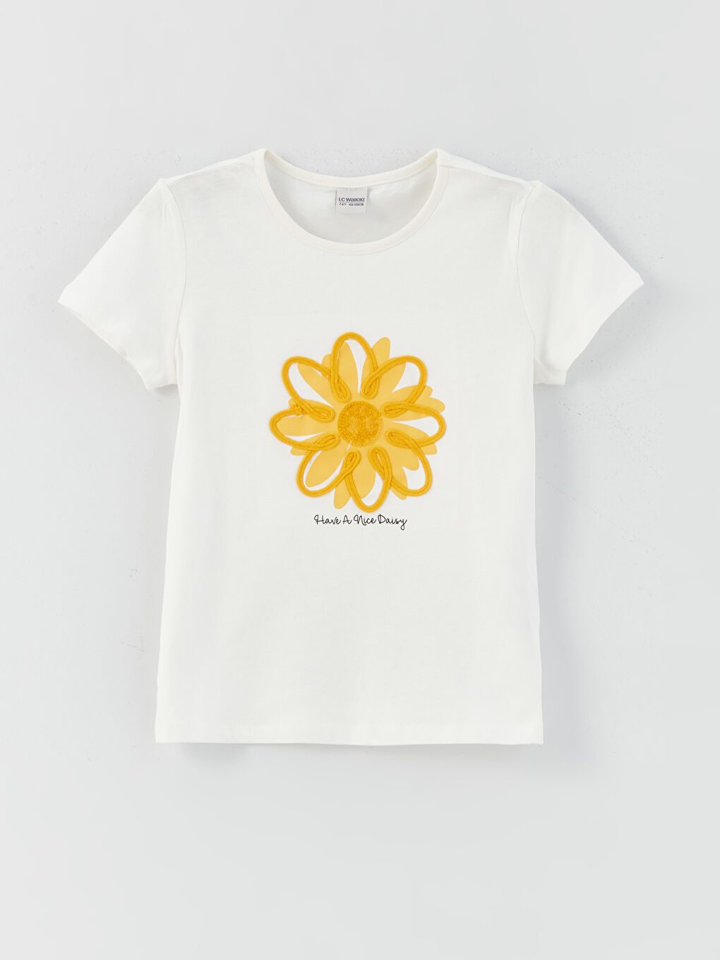 Ekru Bisiklet Yaka Baskılı Kısa Kollu Kız Çocuk Tişört