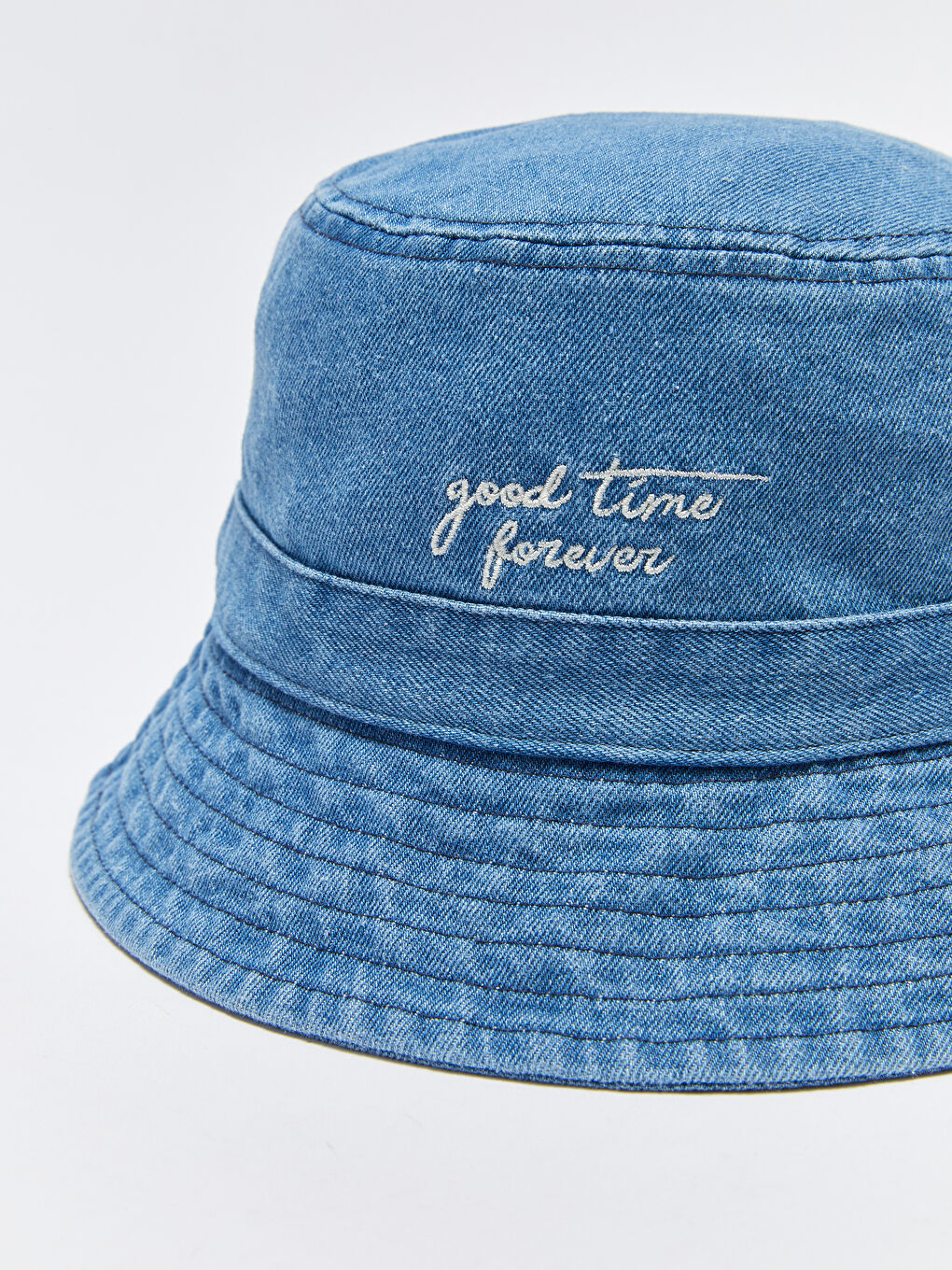 Mavi Yazı Nakışlı Kadın Bucket Şapka-4