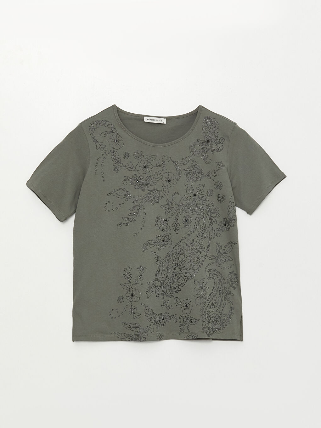 Women's Crew Neck Embroidered Short Sleeve T-Shirt-5