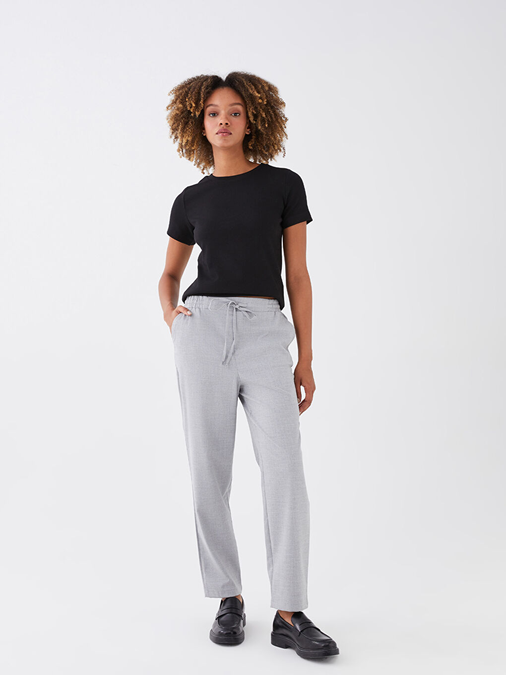 بنطلون سادة بوسط مطاطي واسع للسيدات-1