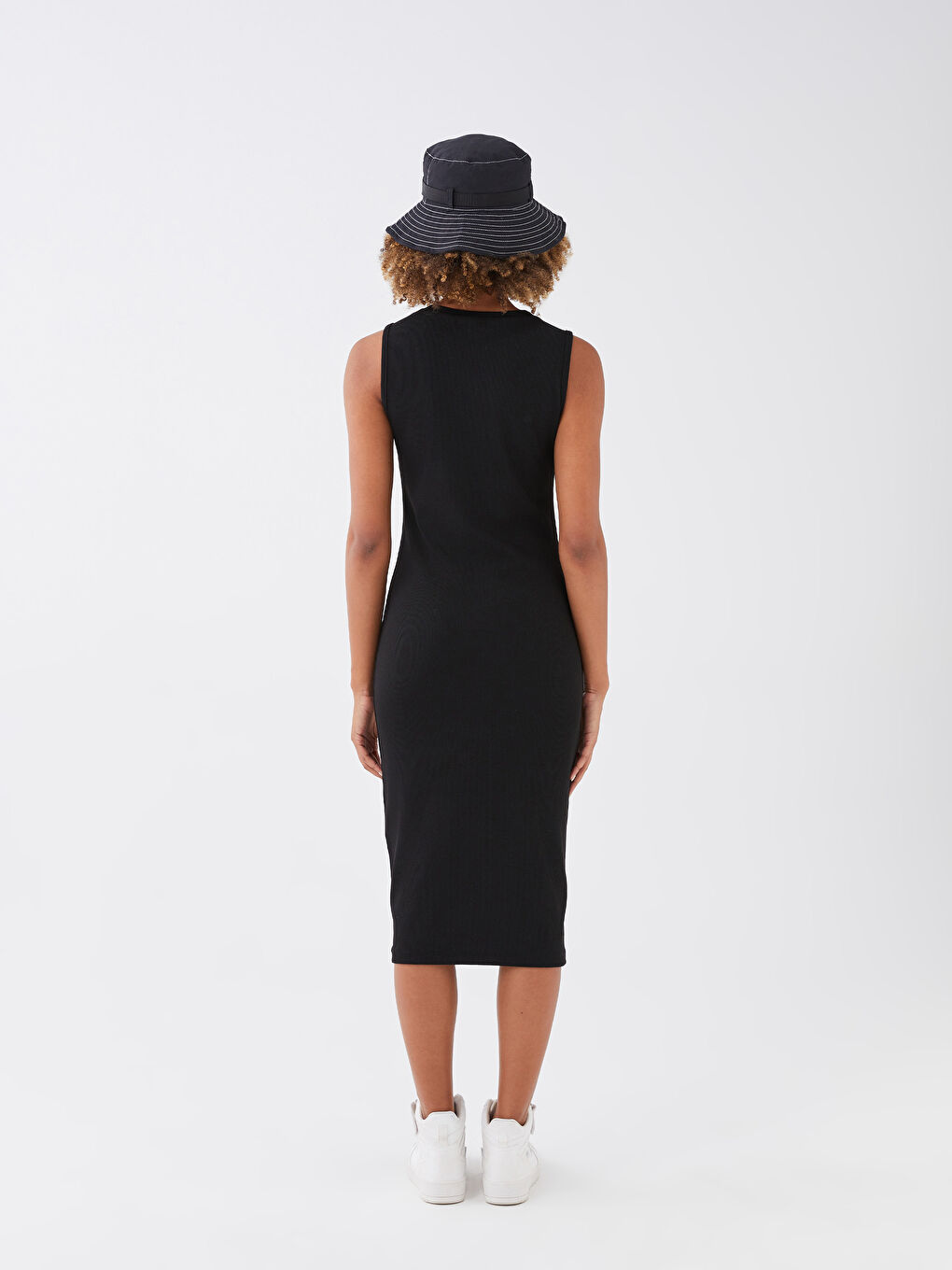 Siyah Bisiklet Yaka Düz Askılı Kadın Bodycon Elbise-4