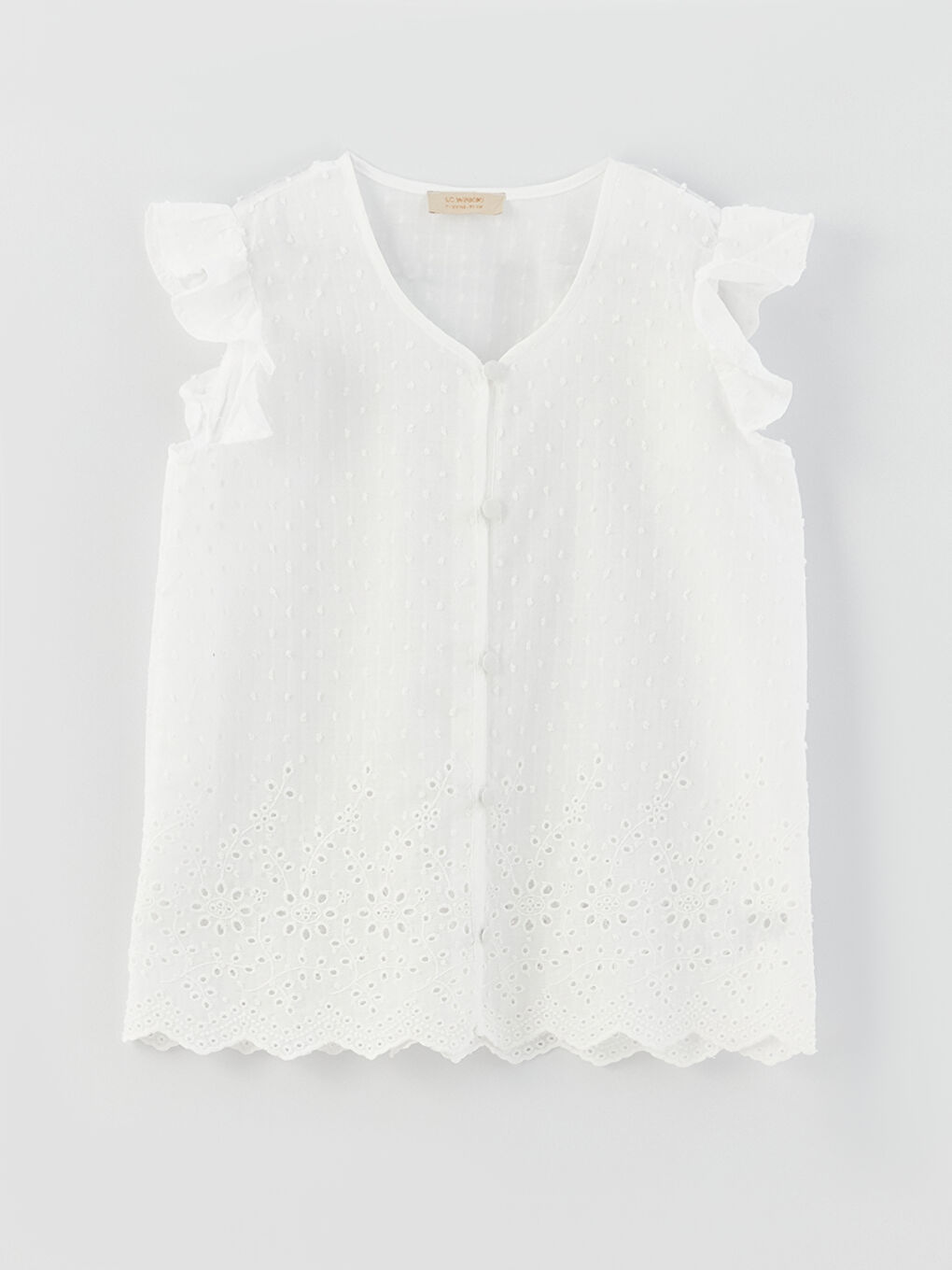 Ekru V Yaka Kendinden Desenli Kız Çocuk Gömlek