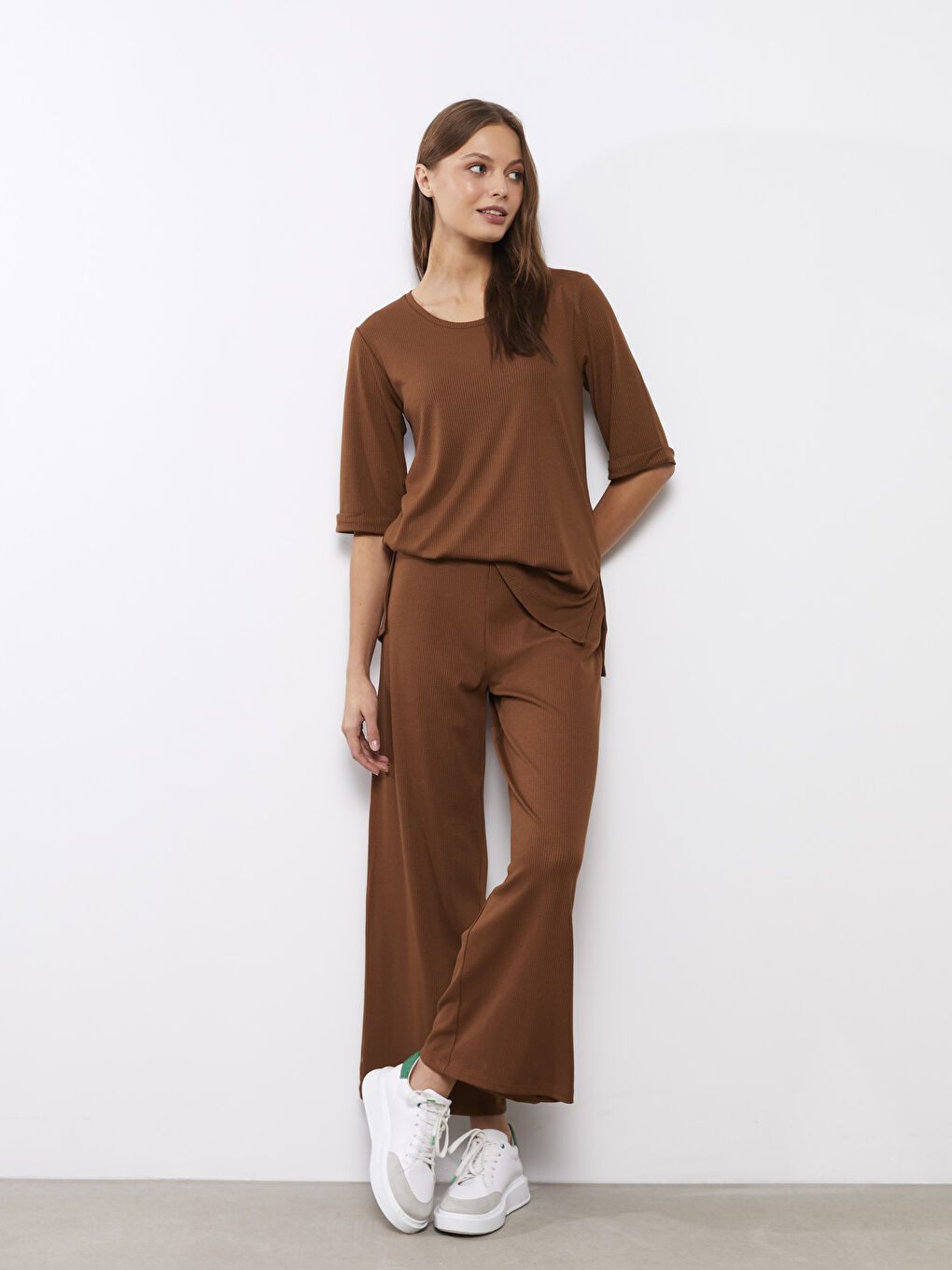 Kahverengi Kadın Beli Lastikli Düz Pantolon