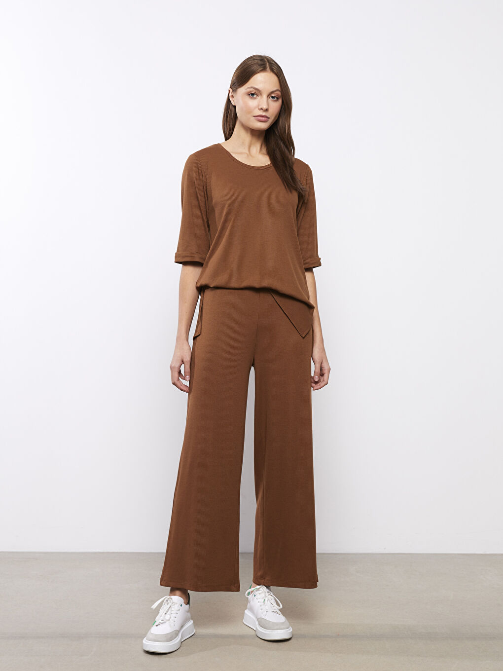 Kahverengi Kadın Beli Lastikli Düz Pantolon-1