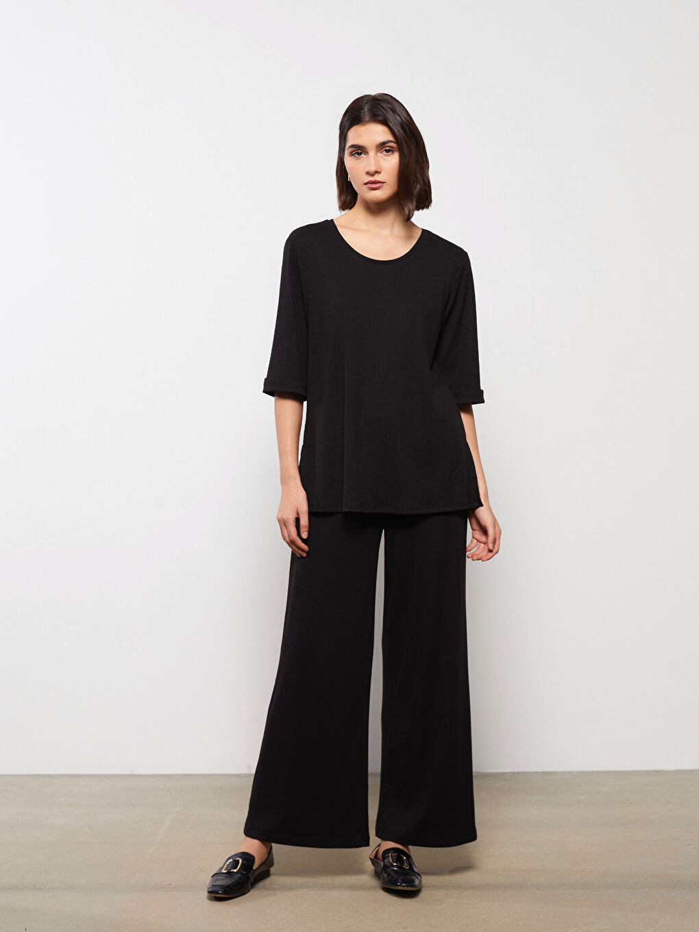 Siyah Kadın Beli Lastikli Düz Pantolon