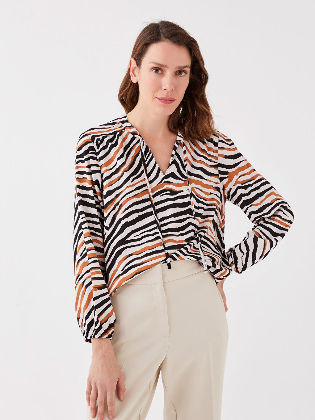 Tie Neck Patterned Women's Blouse