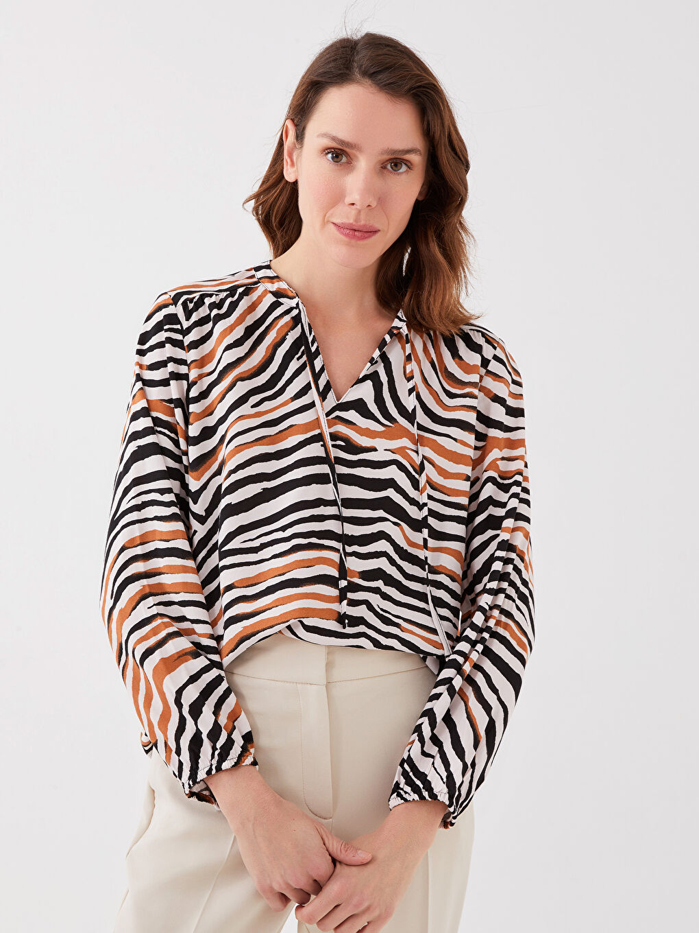 Tie Neck Patterned Women's Blouse-1