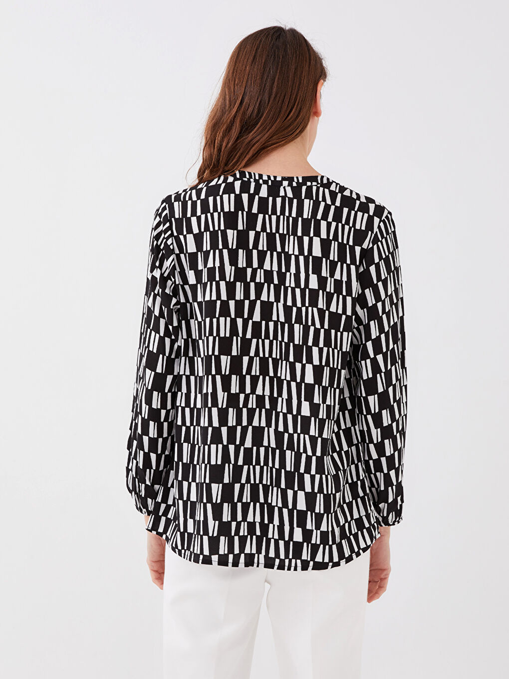 Блузка Женская С Узорчатым Воротником На Завязках-4