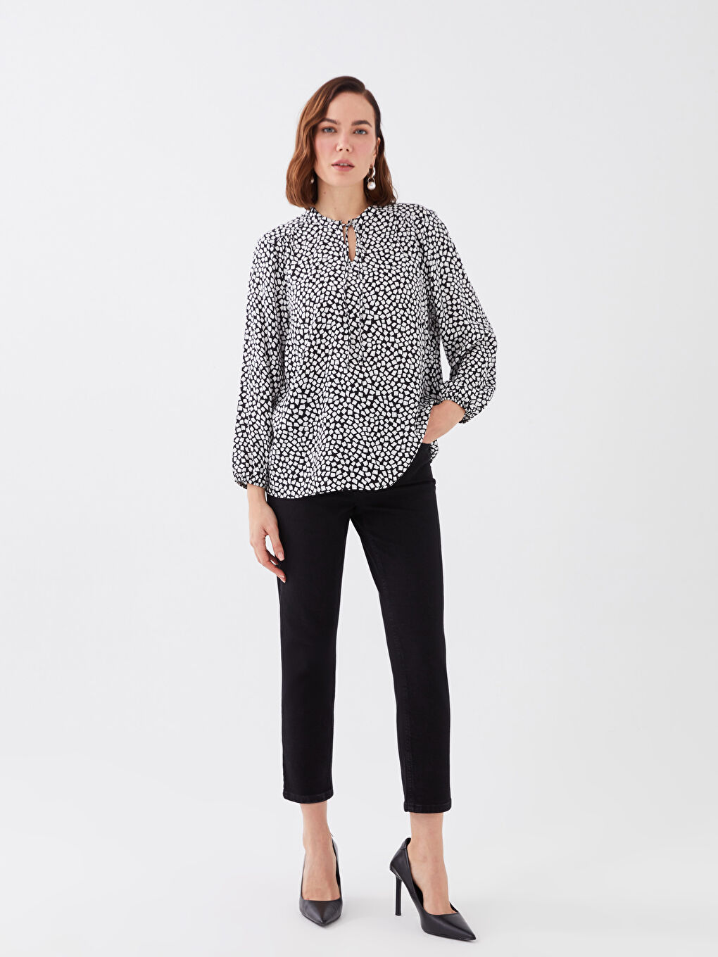 Tie Neck Patterned Women's Blouse-2