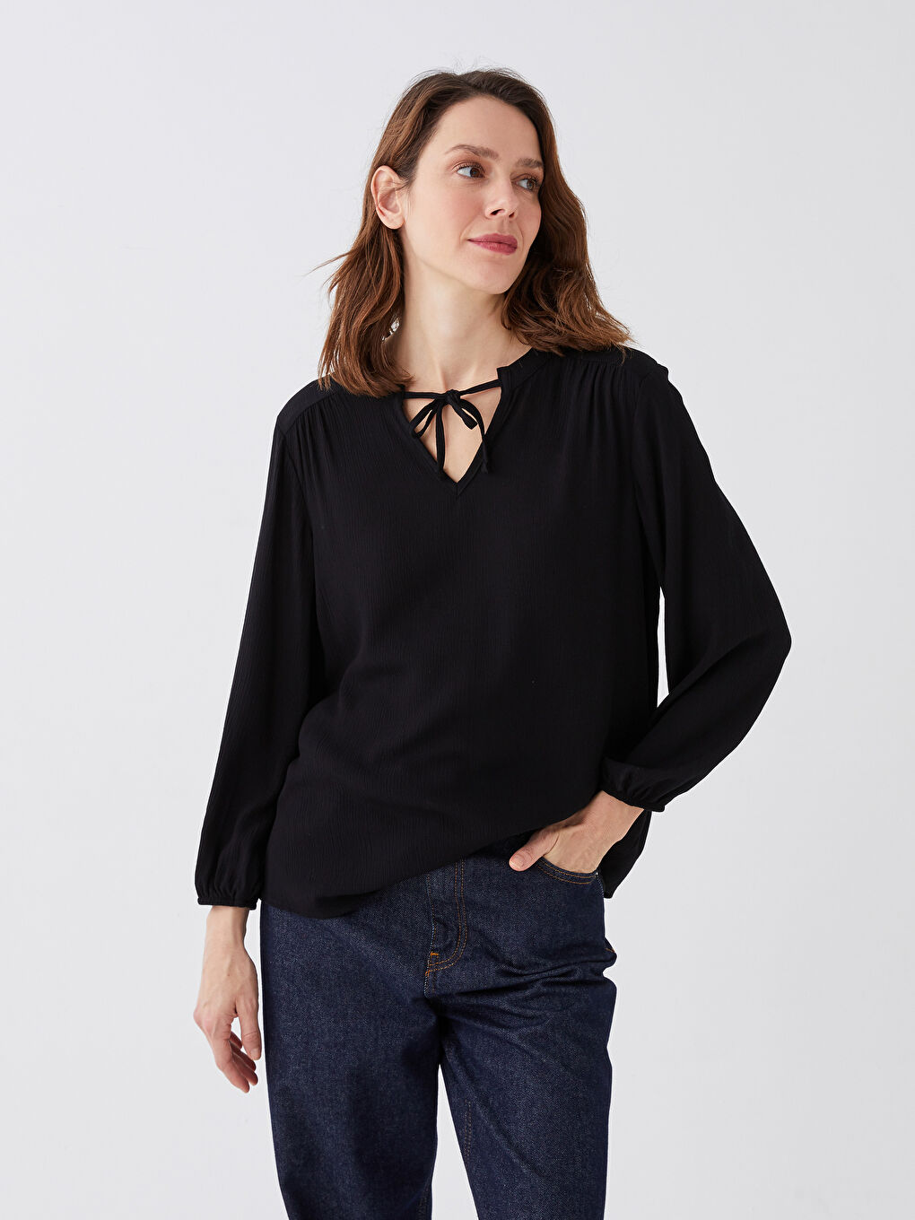 Tie Neck Plain Long Sleeve Women's Blouse