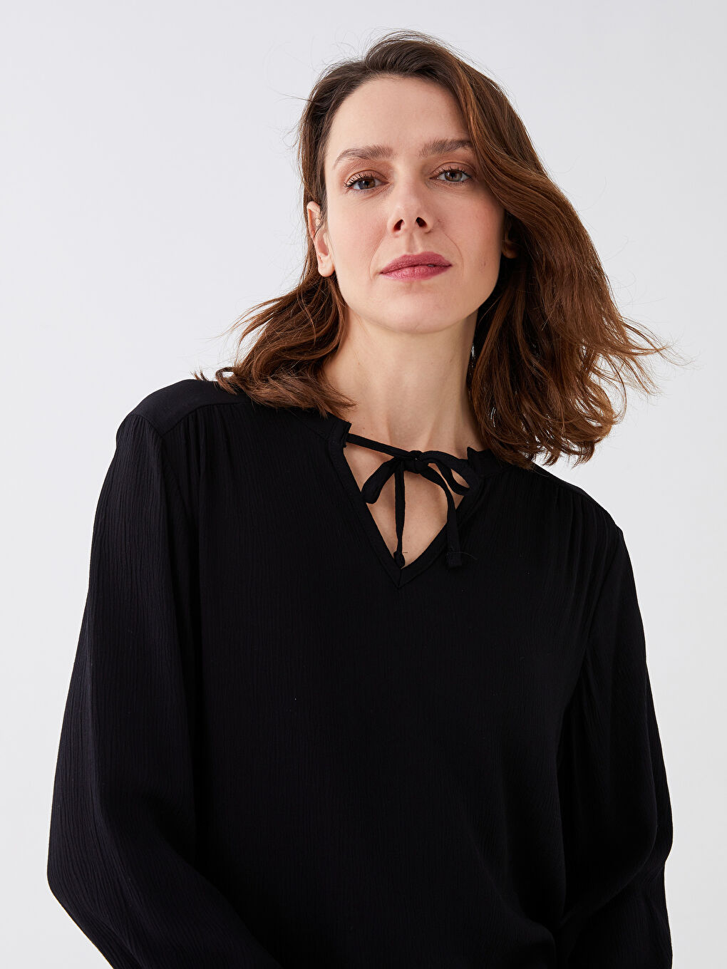 Tie Neck Plain Long Sleeve Women's Blouse-2