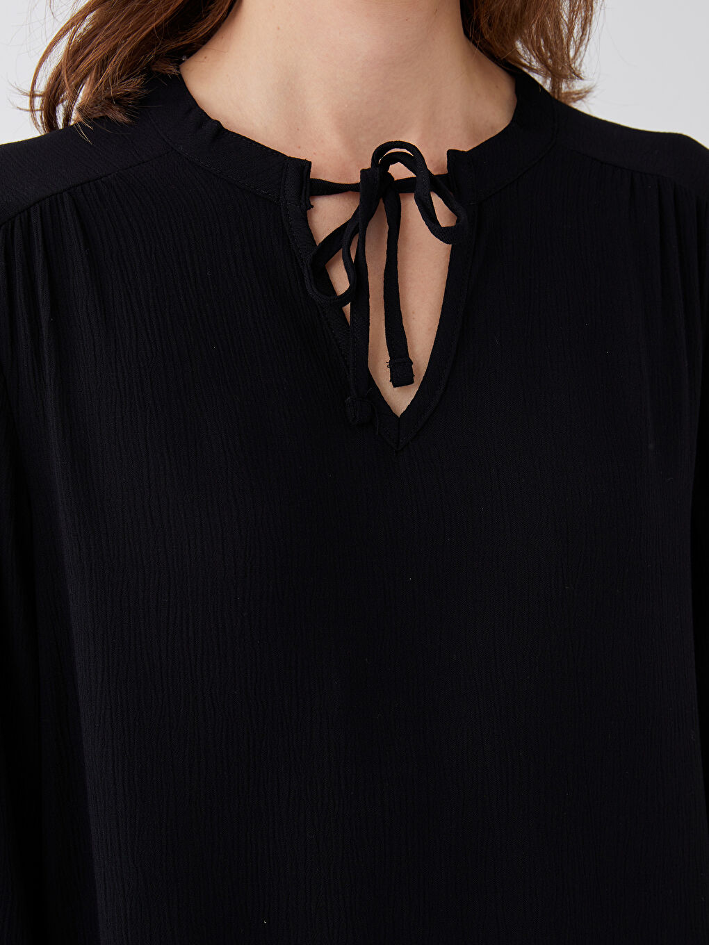 Tie Neck Plain Long Sleeve Women's Blouse-3