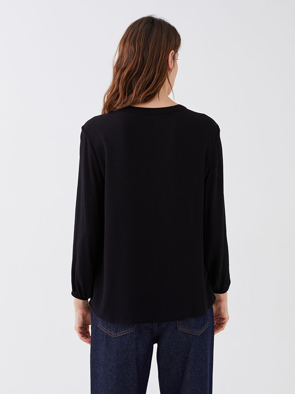 Tie Neck Plain Long Sleeve Women's Blouse-4
