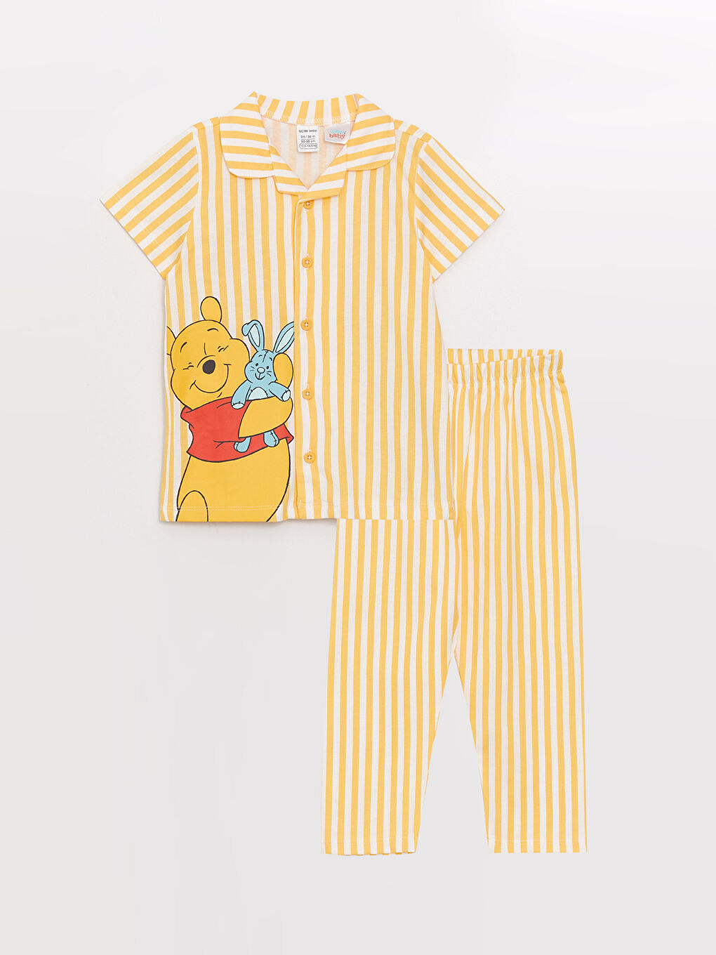 Ekru Polo Yaka Kısa Kollu Winnie the Pooh Baskılı Erkek Bebek Pijama Takımı