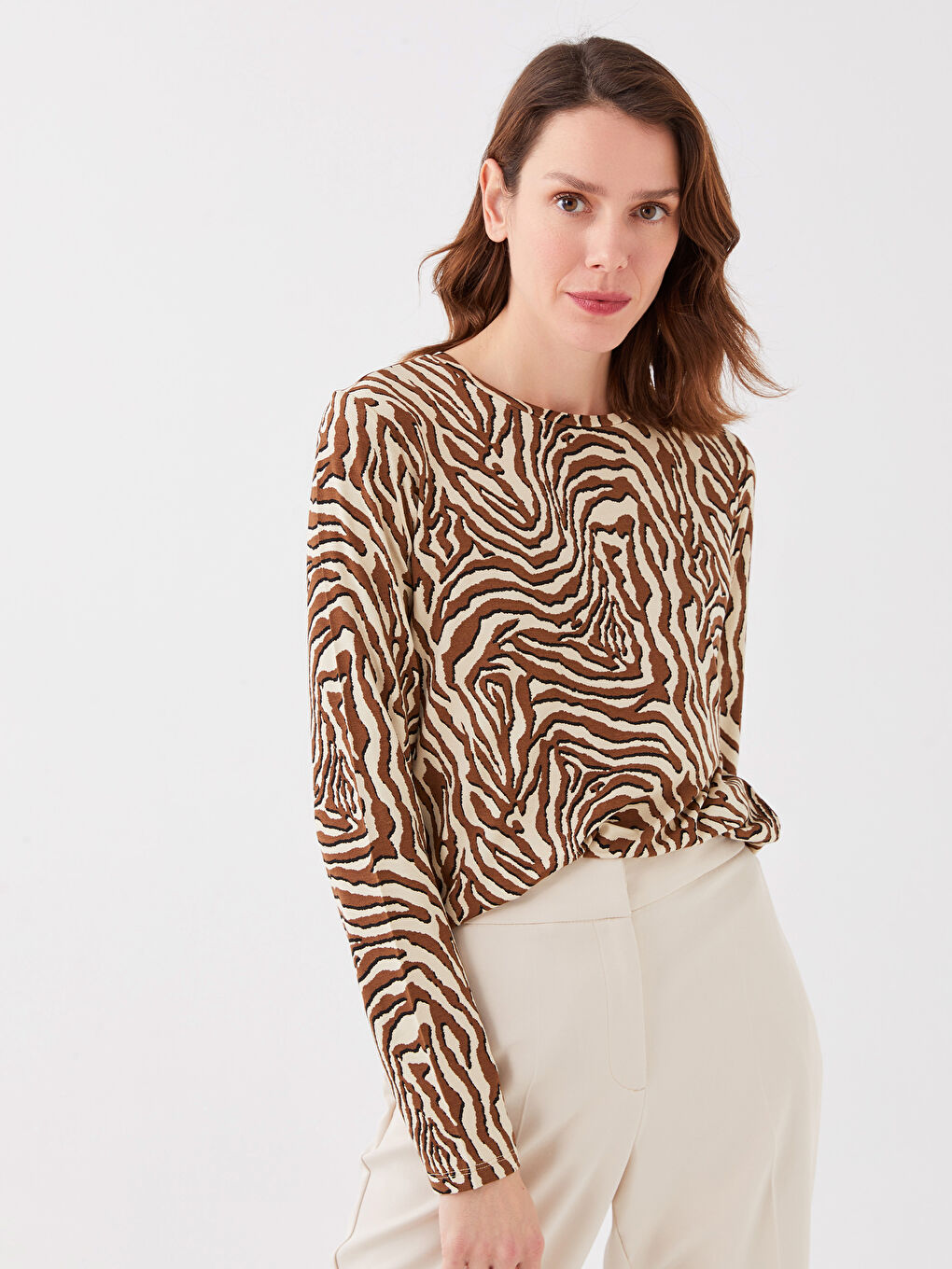 Karışık Bisiklet Yaka Desenli Uzun Kollu Kadın Tişört-1