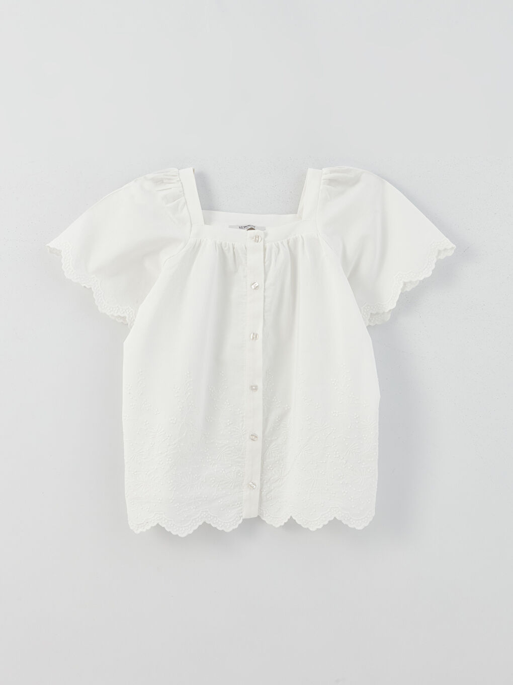 Square Collar Embroidered Short Sleeve Girls' Blouse