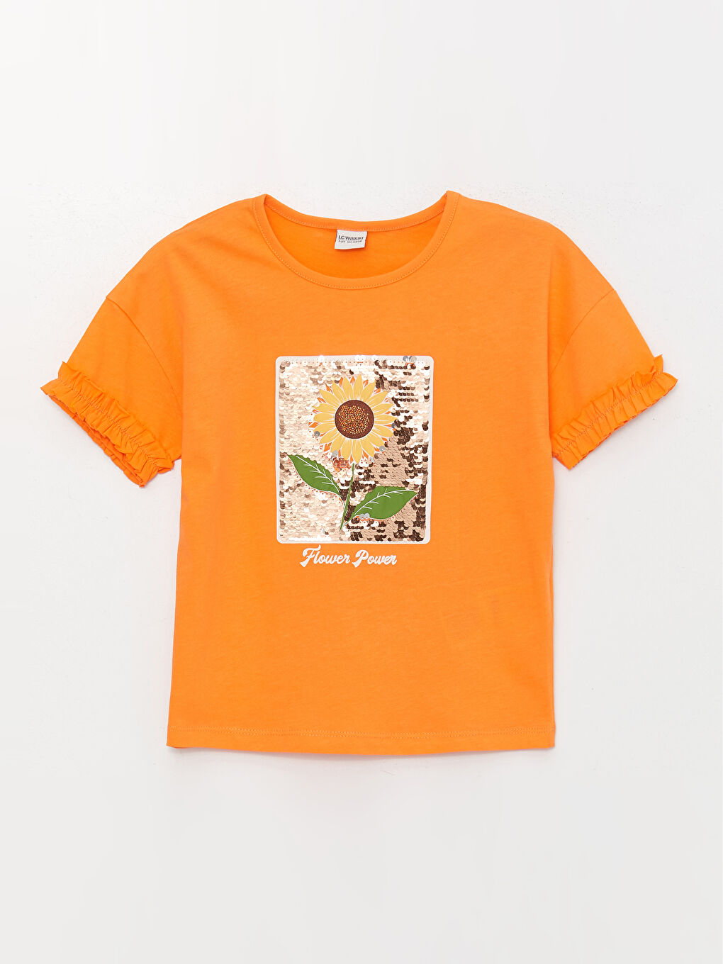 Turuncu Bisiklet Yaka Baskılı Çift Yönlü Payetli Kısa Kollu Kız Çocuk Tişört-1