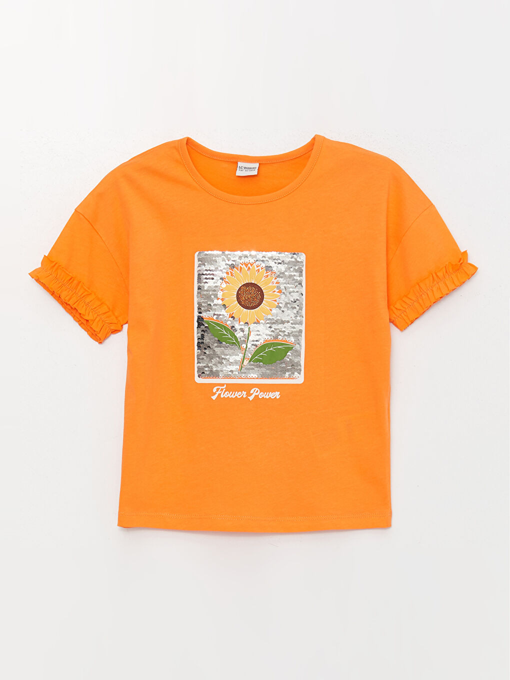 Turuncu Bisiklet Yaka Baskılı Çift Yönlü Payetli Kısa Kollu Kız Çocuk Tişört-2