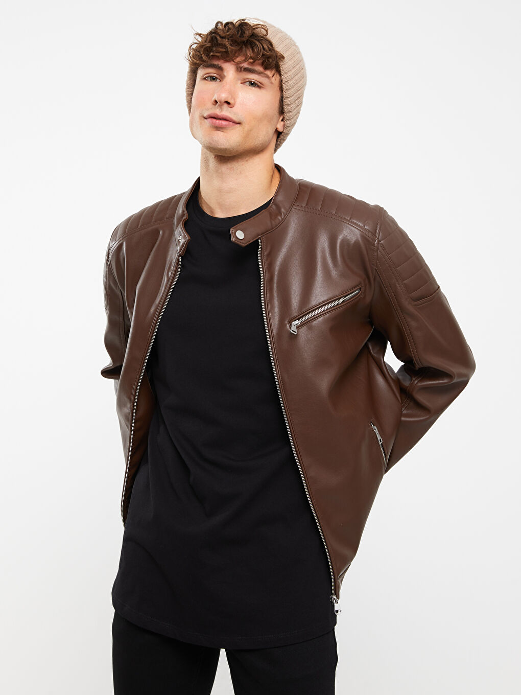 Kahverengi Taba Deri Görünümlü Mont