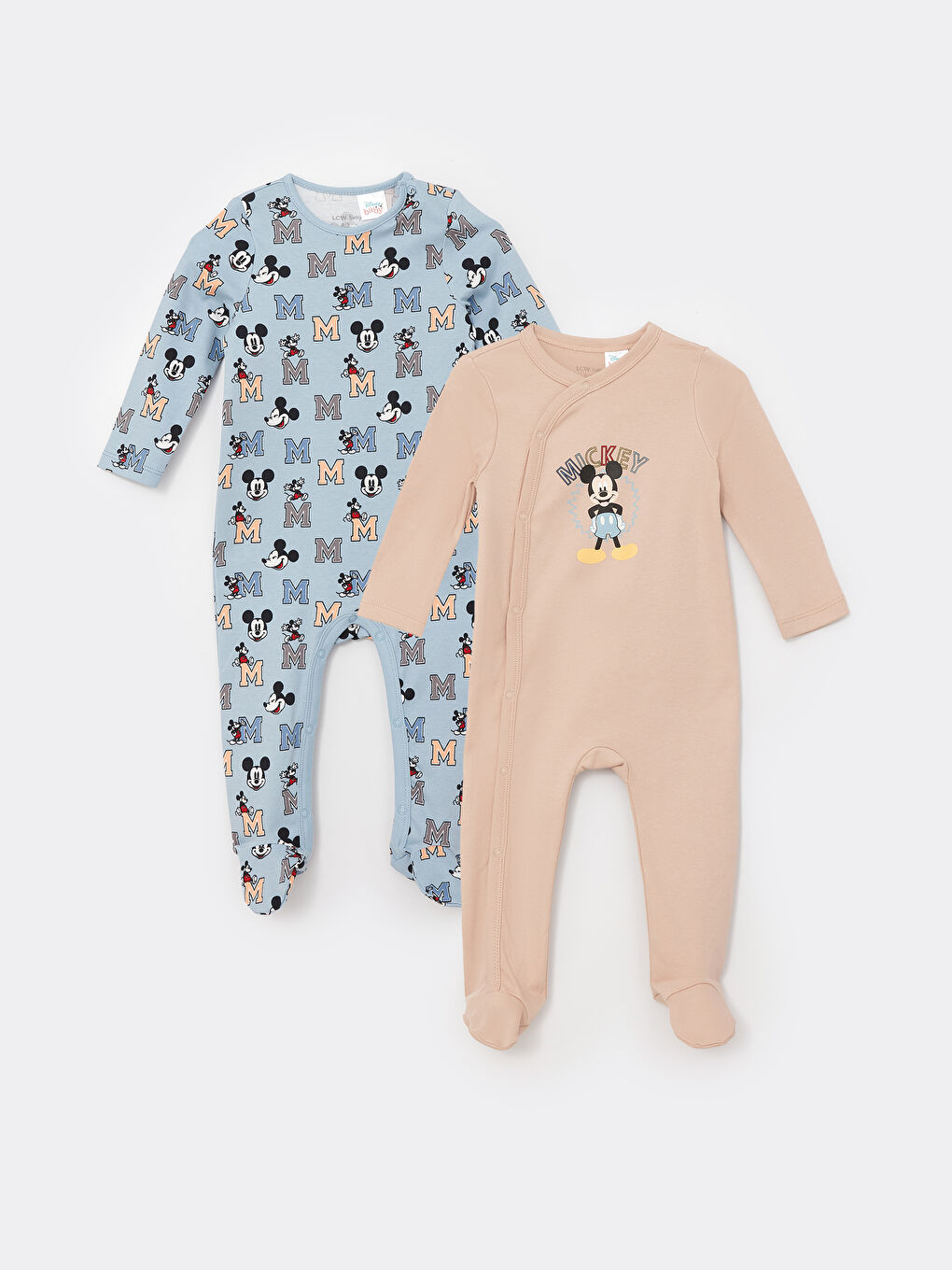 LCW baby Bej Bisiklet Yaka Uzun Kollu Mickey Mouse Baskılı Erkek Bebek Tulum 2'li