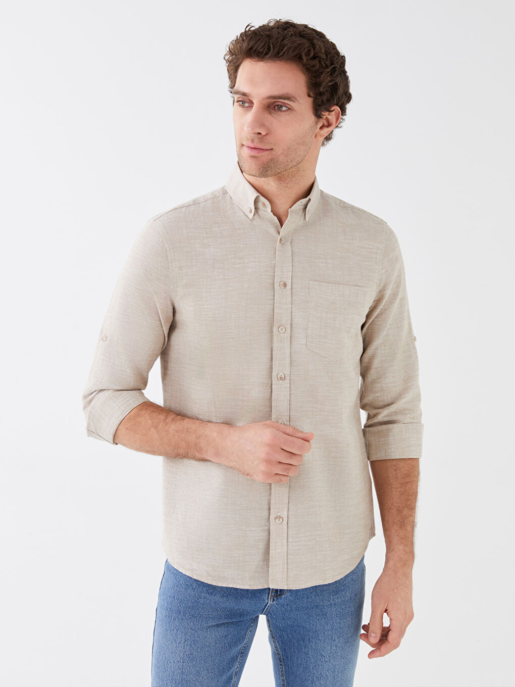 قميص رجالي بأكمام طويلة وخليط كتان بقصة عادية