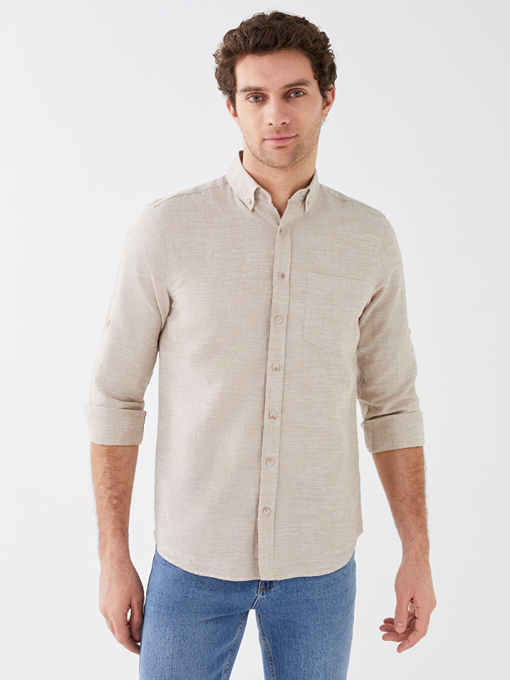 قميص رجالي بأكمام طويلة وخليط كتان بقصة عادية-1