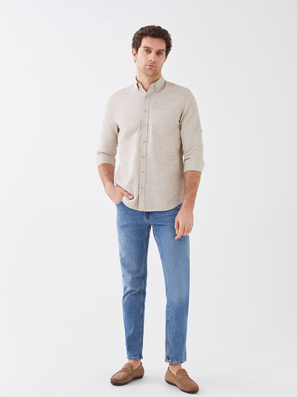 قميص رجالي بأكمام طويلة وخليط كتان بقصة عادية-2