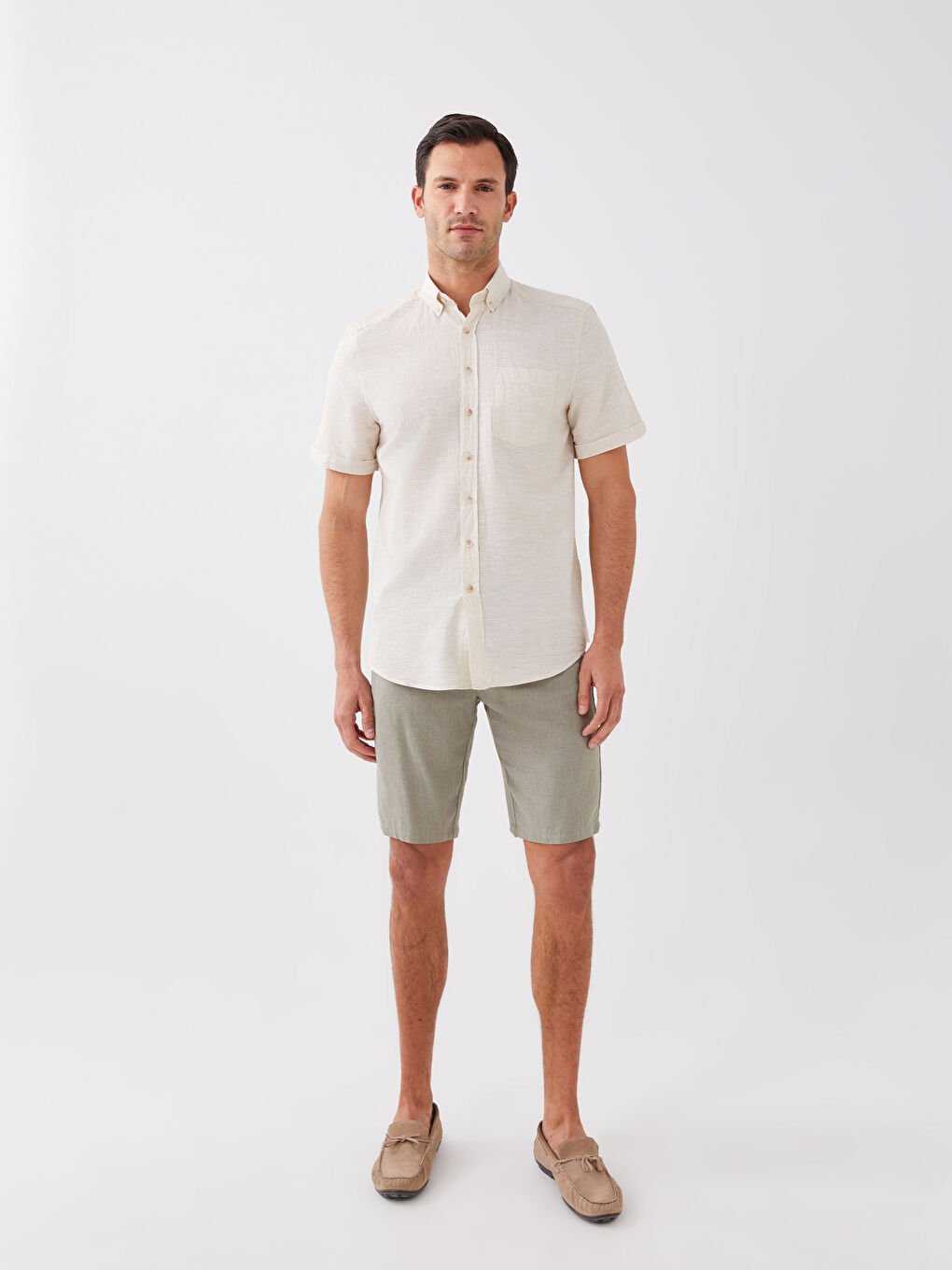 Bej Regular Fit Kısa Kollu Keten Karışımlı Erkek Gömlek-1