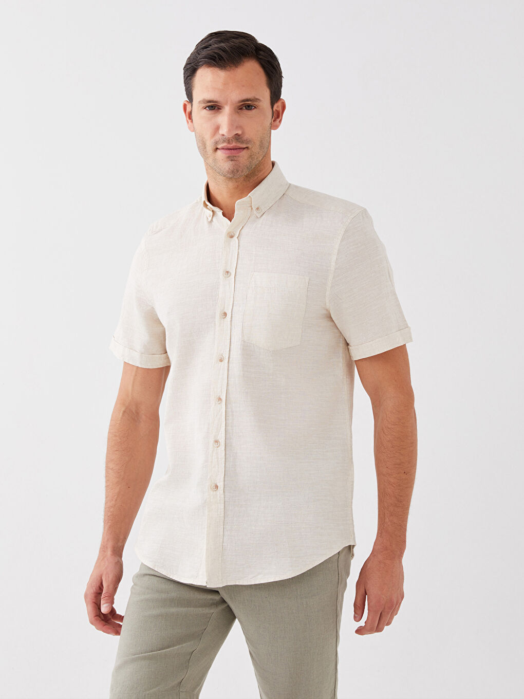 Bej Regular Fit Kısa Kollu Keten Karışımlı Erkek Gömlek-2