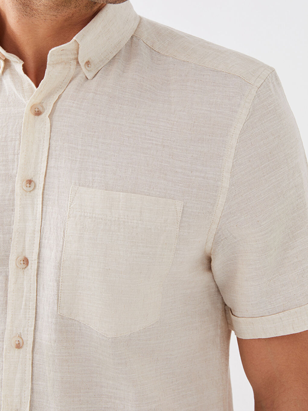 Bej Regular Fit Kısa Kollu Keten Karışımlı Erkek Gömlek-3