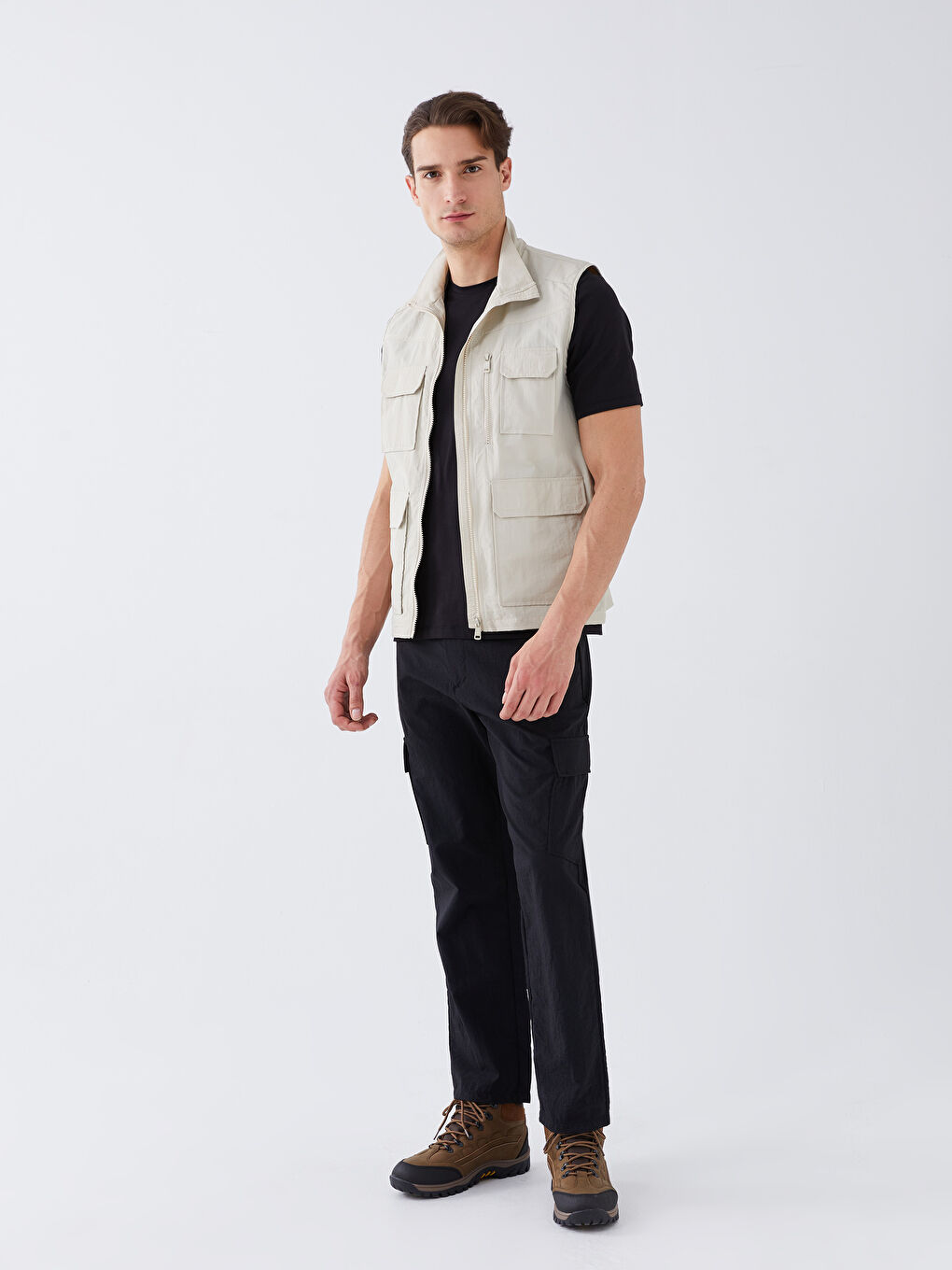 Gri Standart Kalıp Dik Yaka Erkek Avcı Yeleği-2