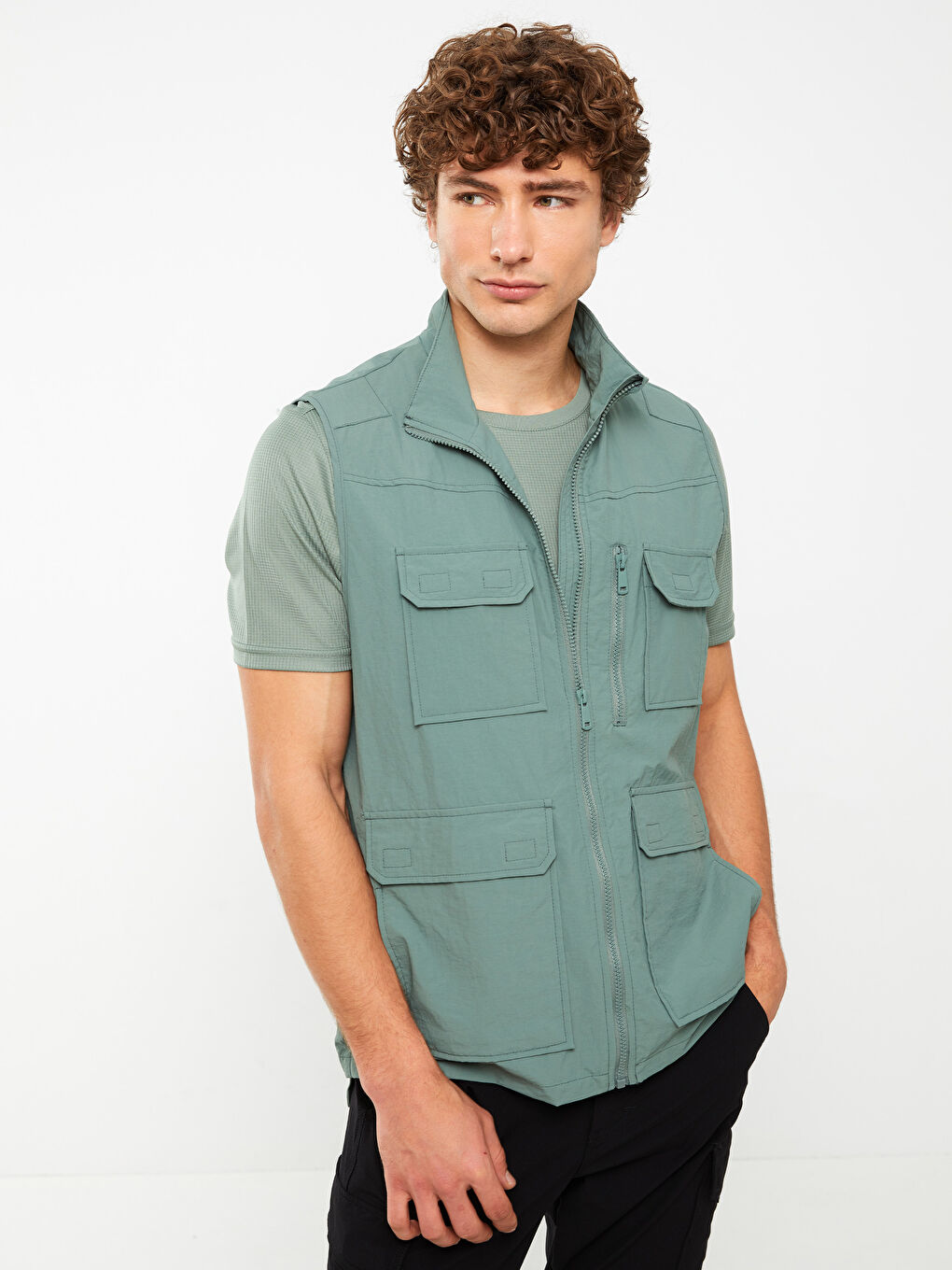 Yeşil Standart Kalıp Dik Yaka Erkek Avcı Yeleği-1