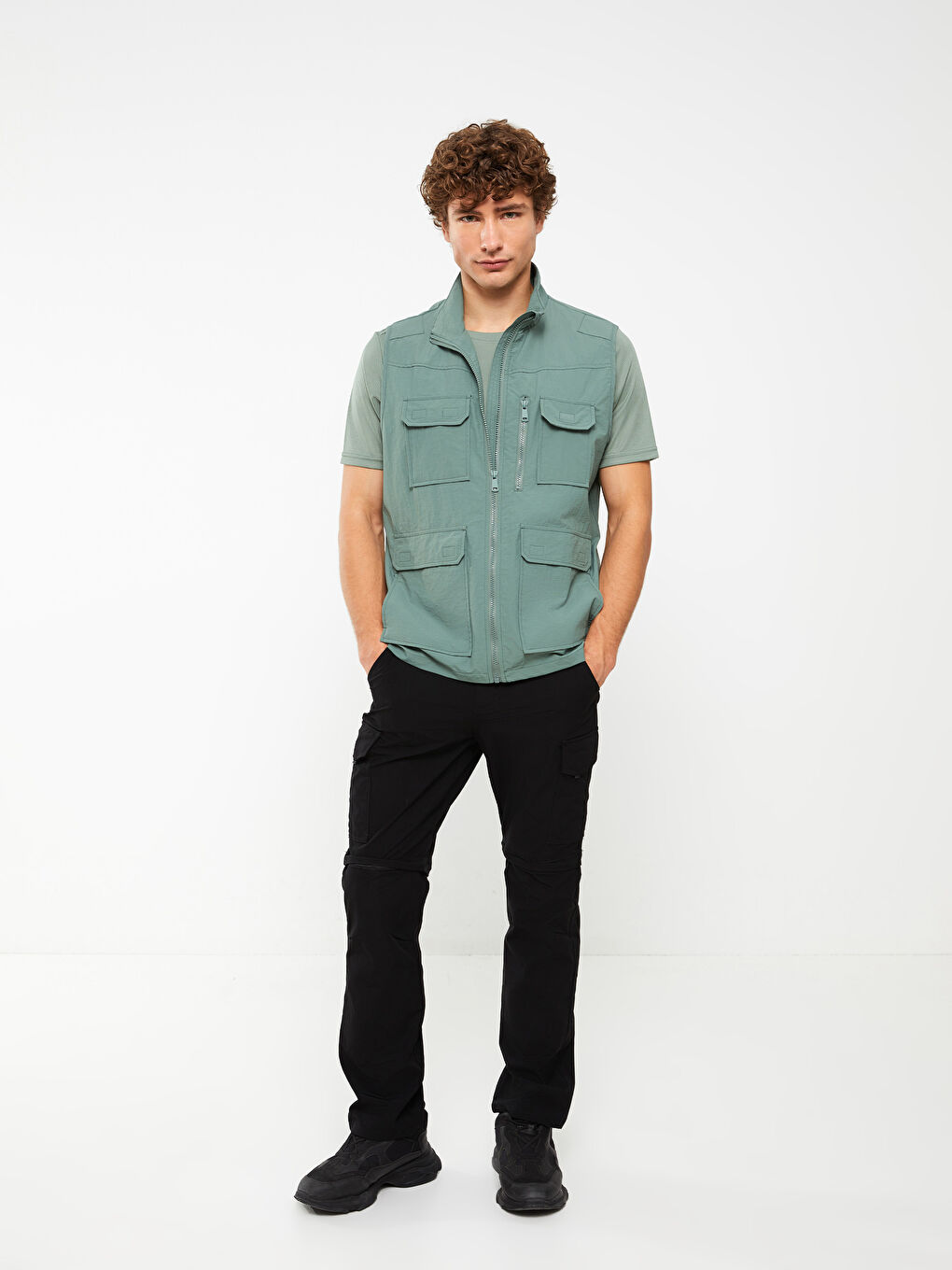 Yeşil Standart Kalıp Dik Yaka Erkek Avcı Yeleği-2