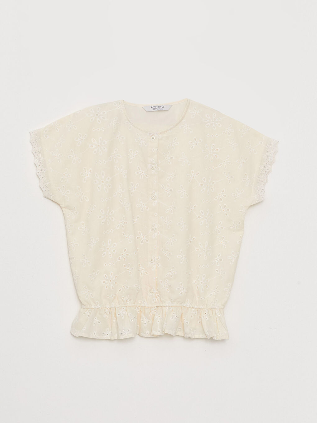 Bluză Pentru Fete Cu Guler Rotund Și Detalii Festonate, Mânecă Scurtă