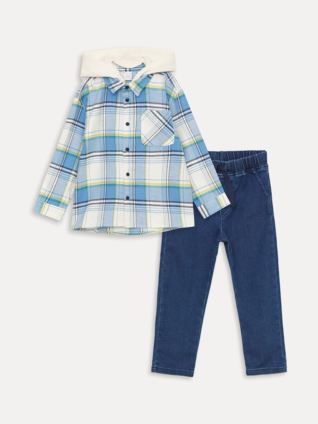 Mavi Kapüşonlu Uzun Kollu Ekose Desenli Erkek Bebek Gömlek ve Jean Pantolon 2'li Takım