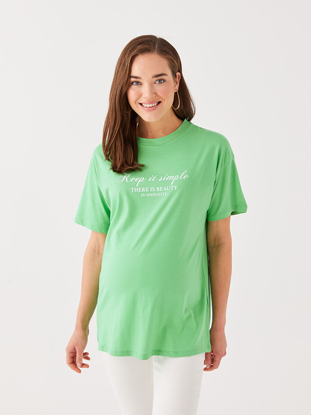 تيشيرت قطن مطبوع بياقة دائرية وكم قصير للحوامل-1