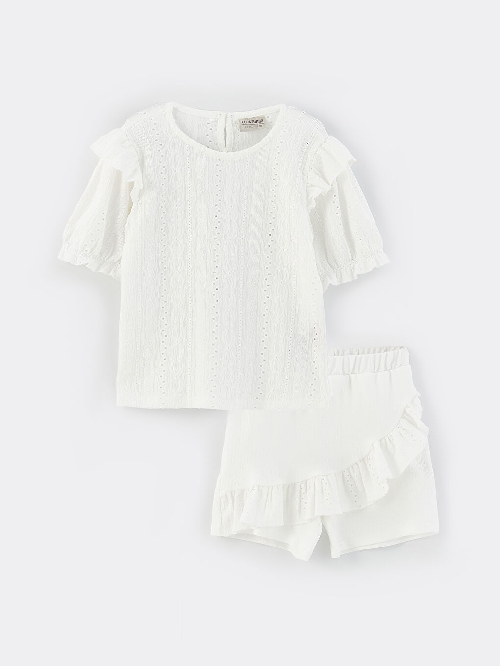 Дөңгелек жағалы өрнекті қысқа жең қыздарға арналған футболка мен шорты