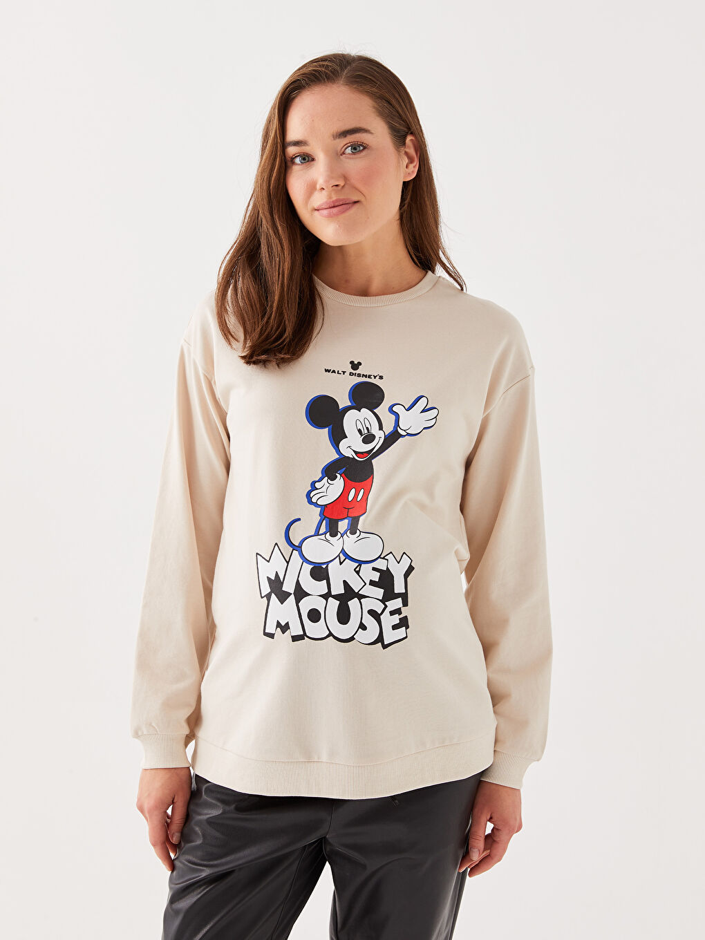 LCWAIKIKI Maternity Açık Bej Bisiklet Yaka Mickey Mouse Baskılı Uzun Kollu Hamile Sweatshirt - 1