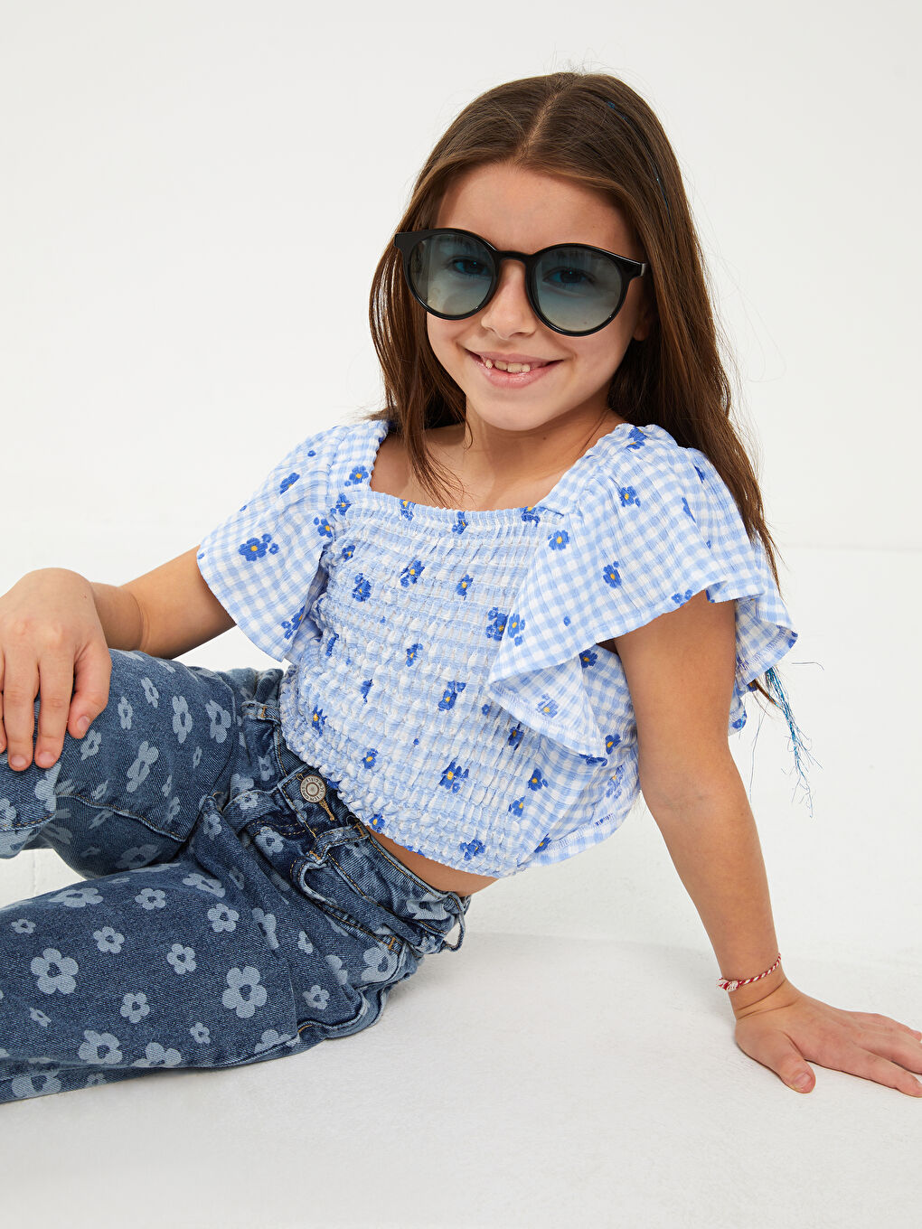 კვადრატული საყელო ნაბეჭდი მოკლე სახელო გოგონებისთვის ქროფ მაისური