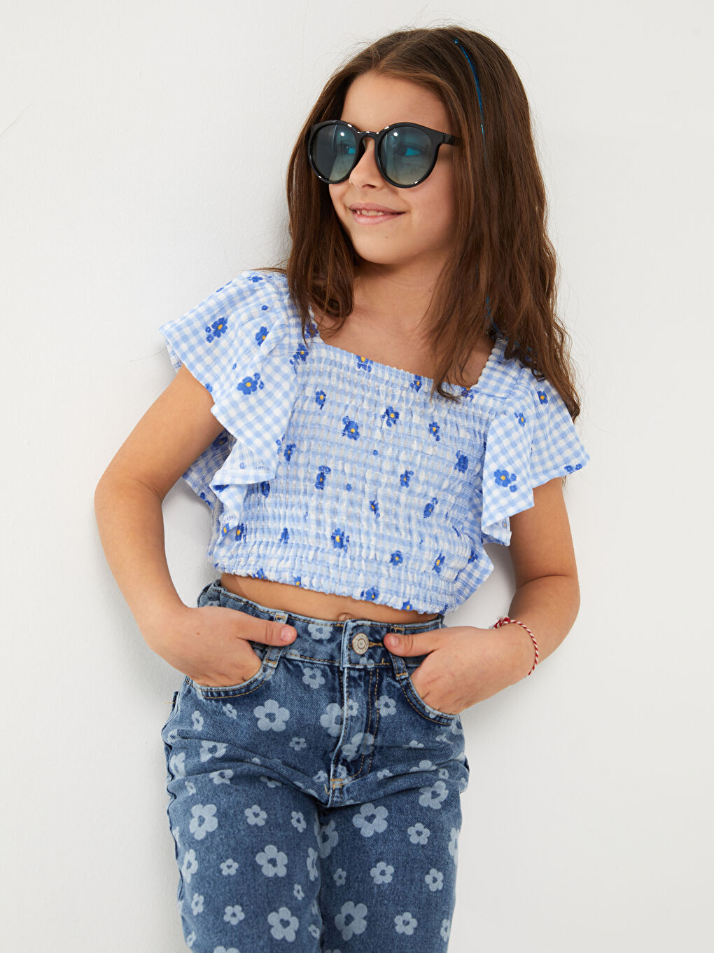 კვადრატული საყელო ნაბეჭდი მოკლე სახელო გოგონებისთვის ქროფ მაისური-1