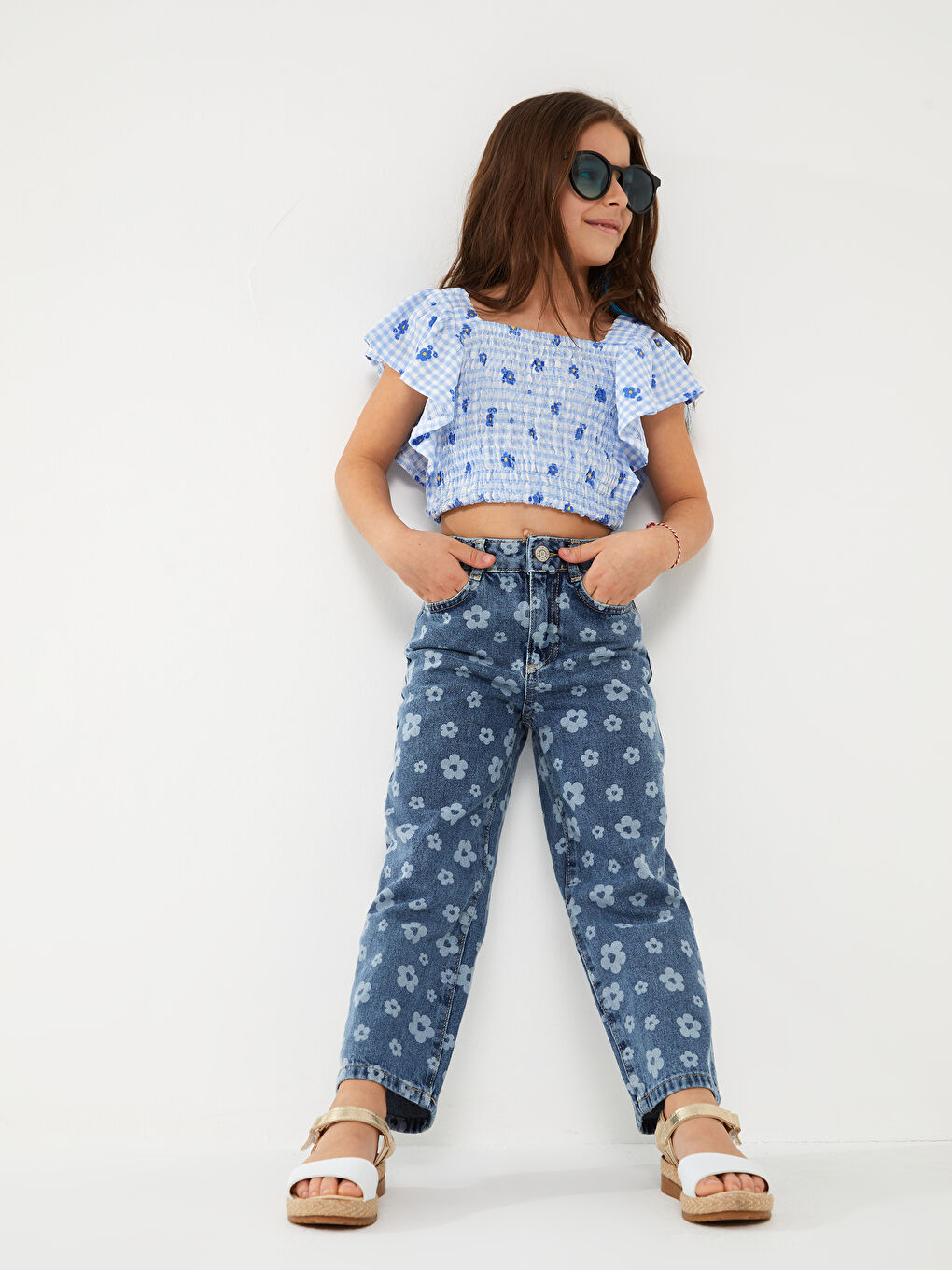 კვადრატული საყელო ნაბეჭდი მოკლე სახელო გოგონებისთვის ქროფ მაისური-2