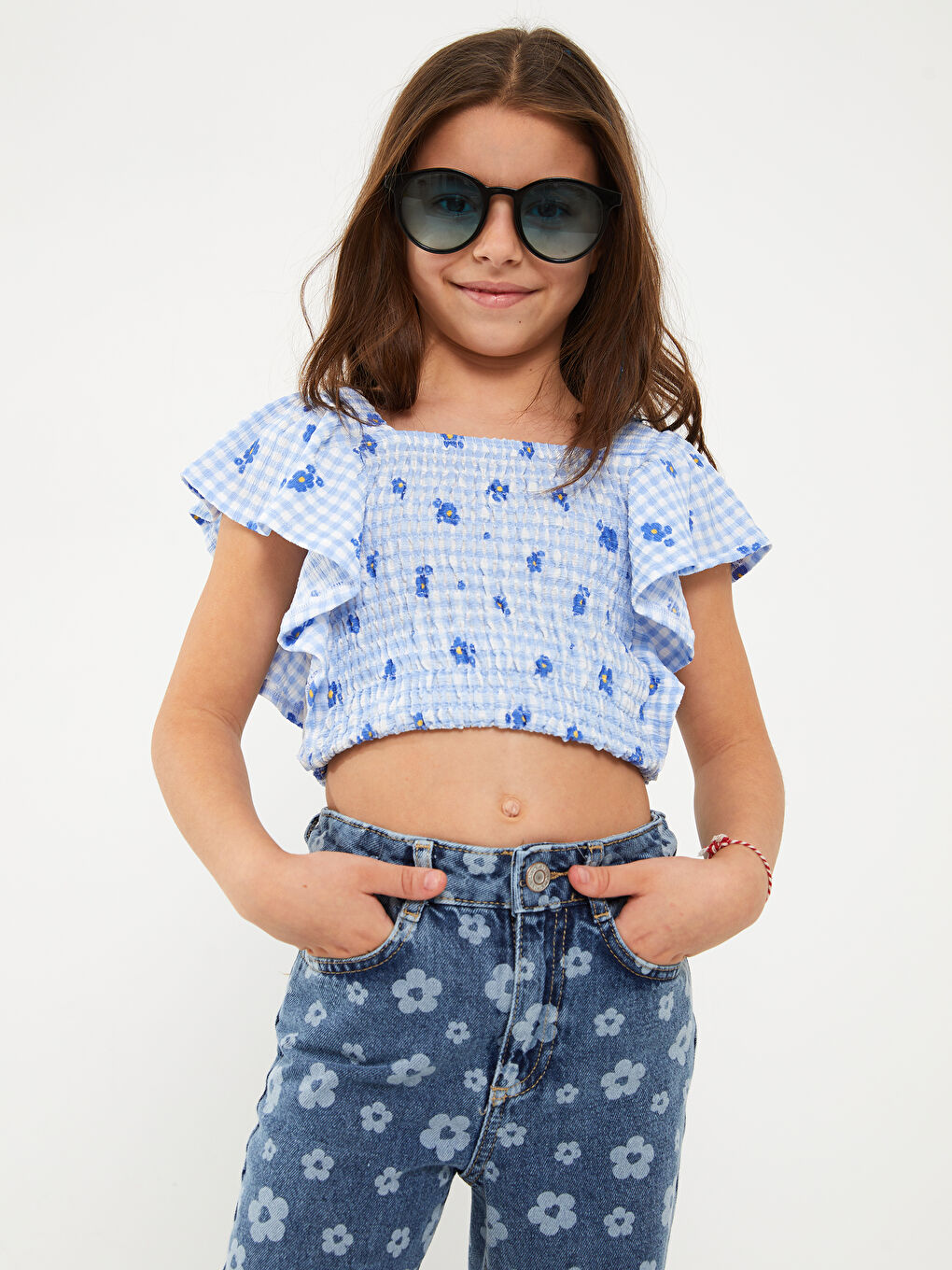 კვადრატული საყელო ნაბეჭდი მოკლე სახელო გოგონებისთვის ქროფ მაისური-3