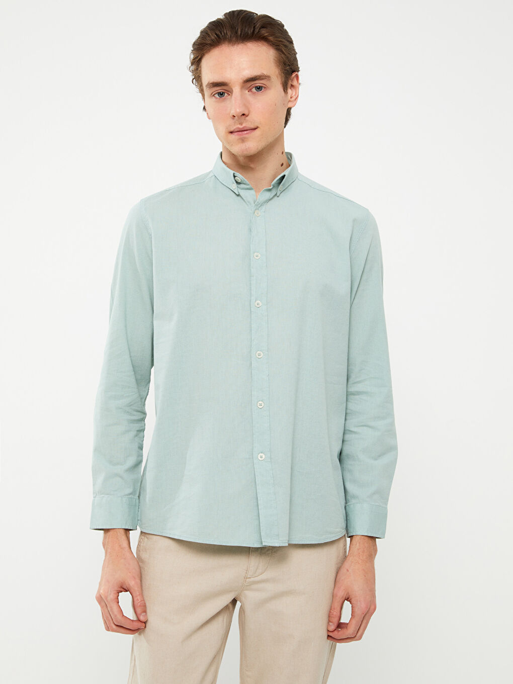 Рубашка из льняной смеси с длинным рукавом стандартного кроя для мужчин-1