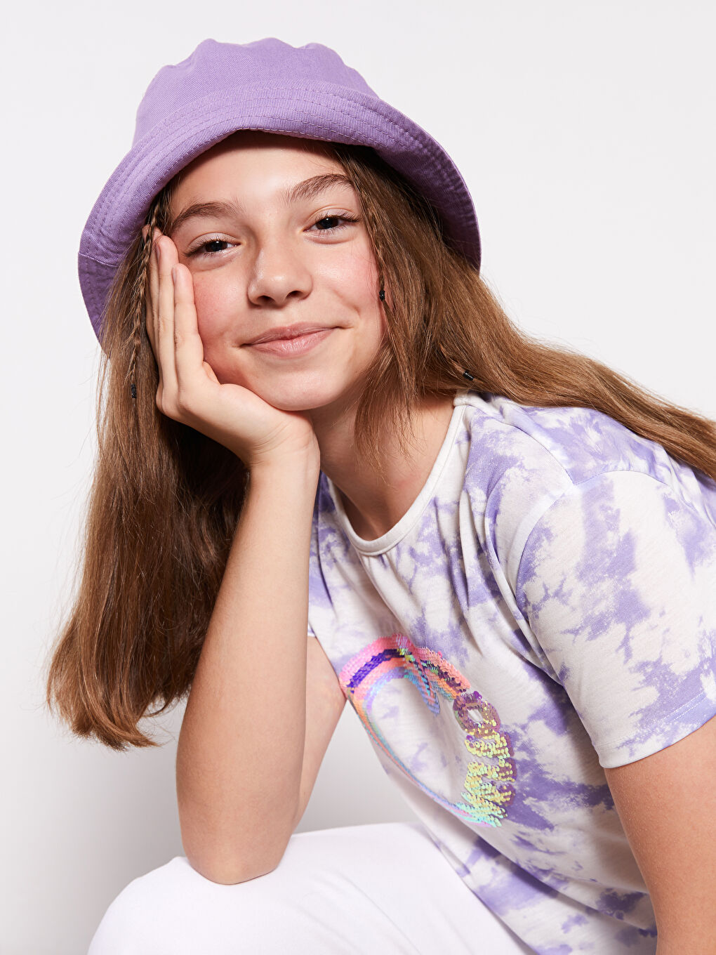 Тениска за момичета с кръгло деколте, двустранни пайети и къс ръкав